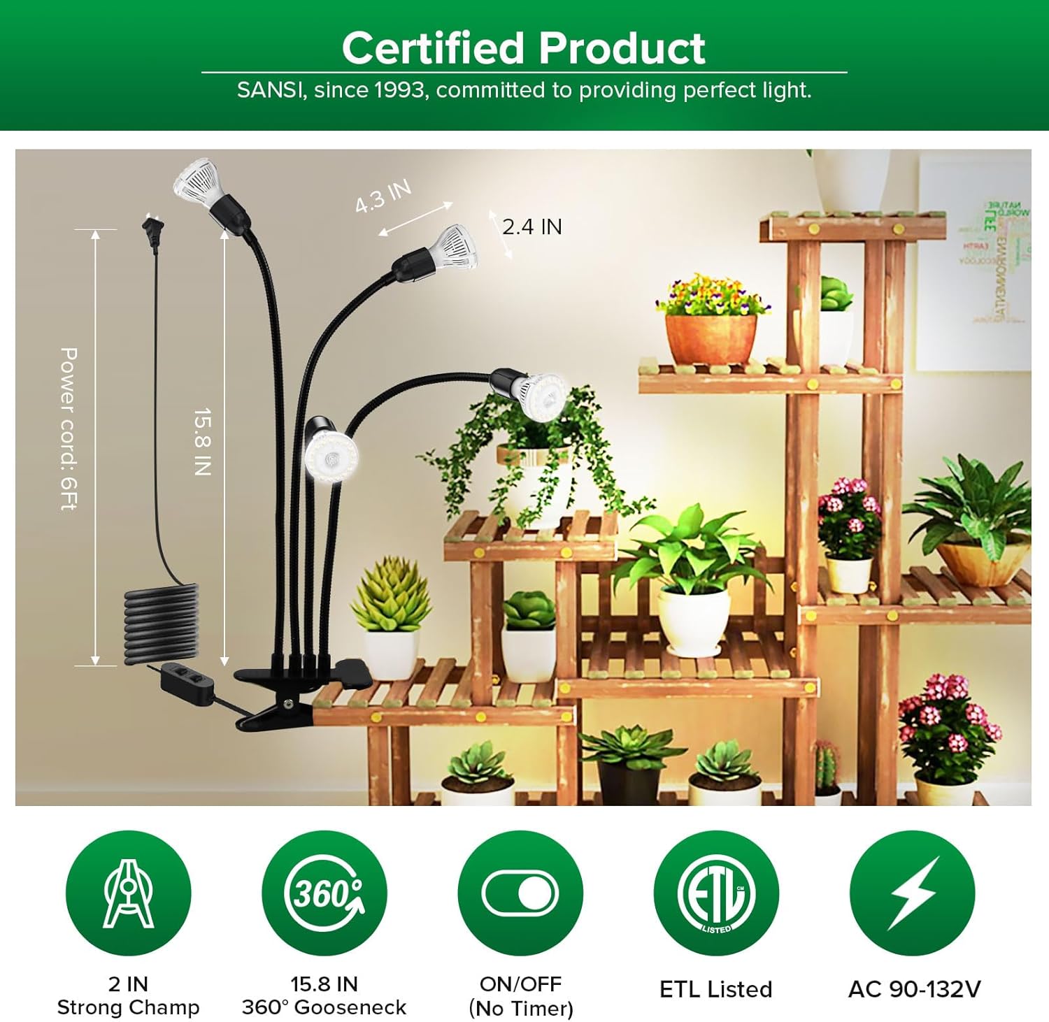 SANSI LED Grow Lights for Indoor Plants, 600W Full Spectrum Gooseneck Clamp Grow Lamp, 40W Power Plant Light with High PPFD for Seeding, Lifetime Free Bulb Replacement Plant Lights for Indoor