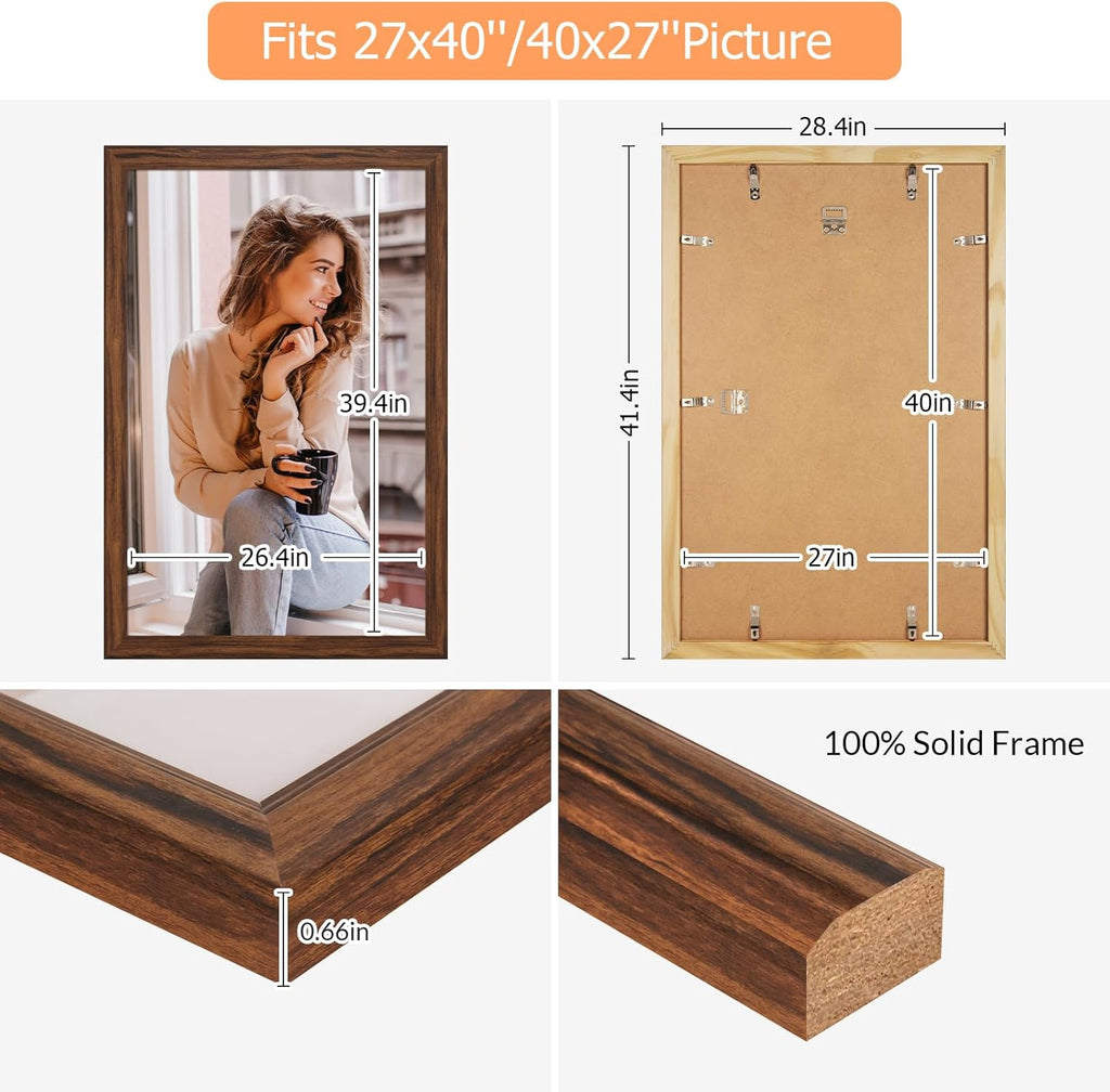 27x40 Wood Frame Brown, Rustic Natural Wooden 40x27in Poster Picture Frame, Distressed 27 x 40inch Woodgrain Gallery Photo Frame with HD Plexiglass, Horizontal Vertical Wall Mounting Display 1pcs