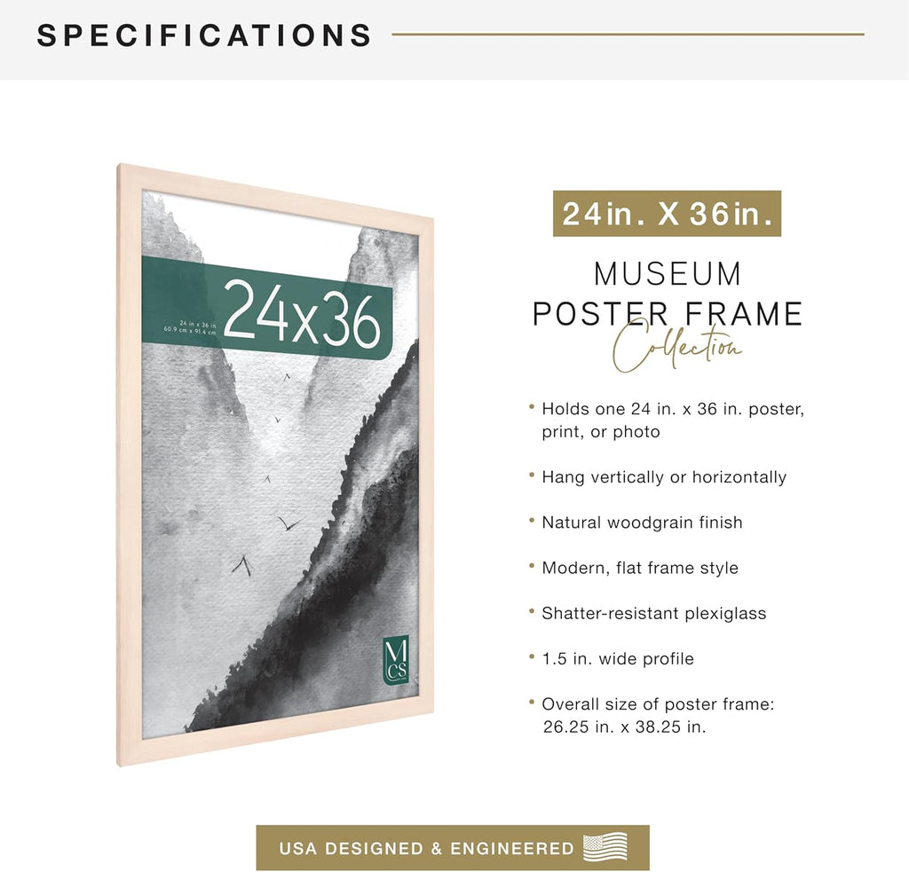 MCS Museum Poster Frame 24x36 Natural Woodgrain, Vertical & Horizontal Wall Hanging Large Picture Frame for Photos, Posters & Art Prints (1-Pack)