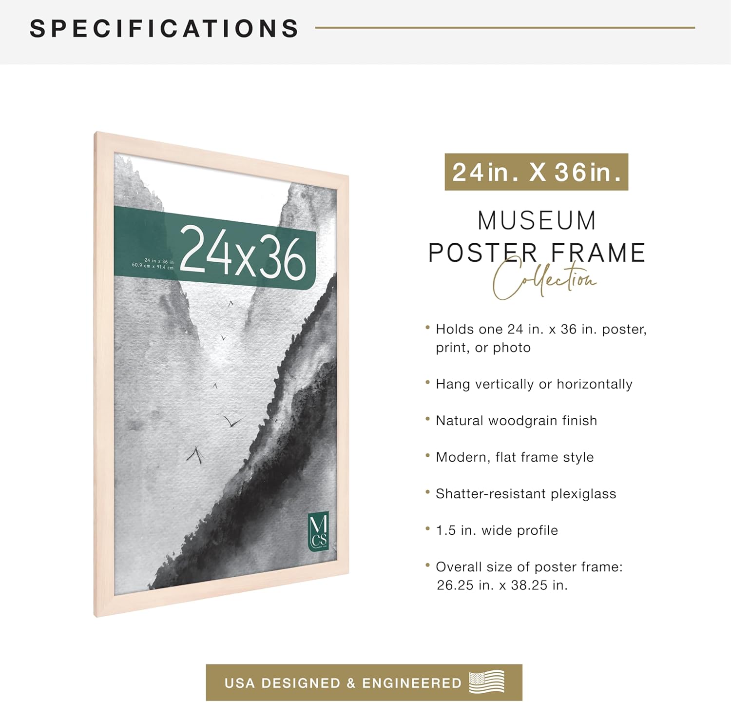 MCS Museum Poster Frame 24x36 Natural Woodgrain, Vertical & Horizontal Wall Hanging Large Picture Frame for Photos, Posters & Art Prints (1-Pack)