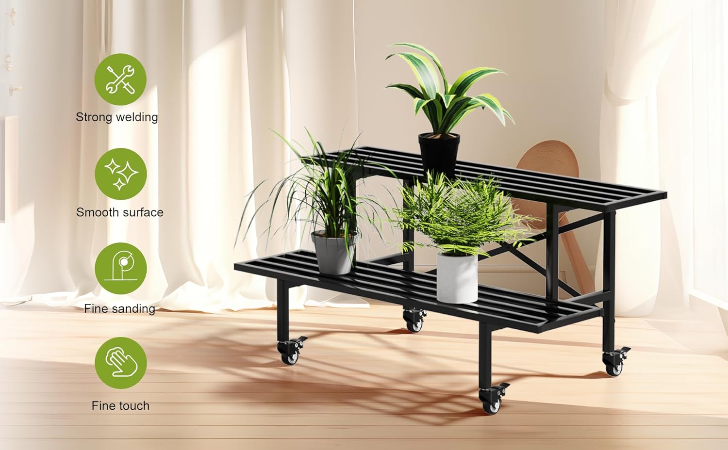 Zhongma 2 Tier Sturdy Metal Plant Stand with Wheels, L35.43 x W17.5 x H16.14 inch, Heavy Duty Plant Holder for Home Indoor and Outdoor,440 LBS Capacity & Heavy Duty Construction