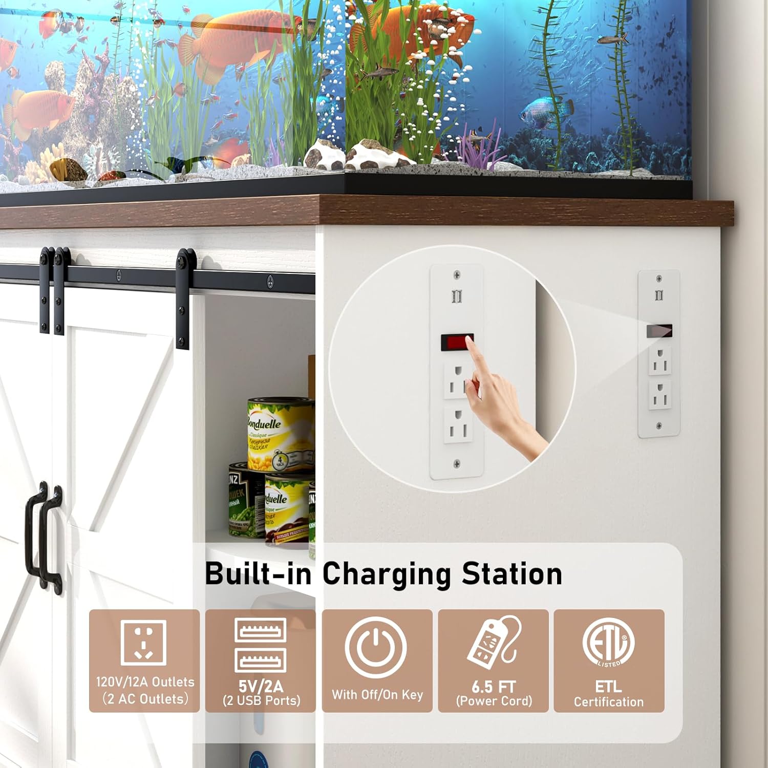 Farmhouse 55-75 Gallon Fish Tank Stand with Power Outlet, Aquarium Stand w/Cabinet&Sliding Barn Door, Heavy Duty Reptile Tank Stand for Fish/Turtle/Reptile Terrarium, 880LBS Capacity, White