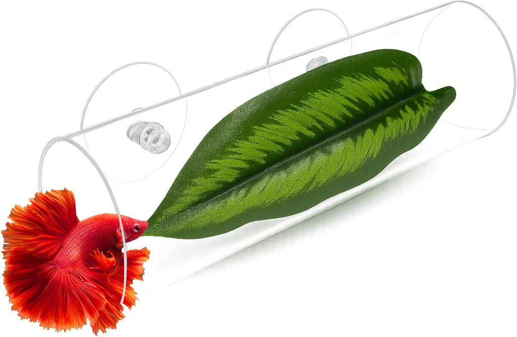 Acrylic Betta Hammock Tunnel, Betta Fish Tank Accessories & Aquarium Tunnel Decor, Fish Tank Hideout with Soft Faux Leaf Hammock, Beta Bed Resting Spot for Bettas (L Size — 5.9" × 1.96" OD)