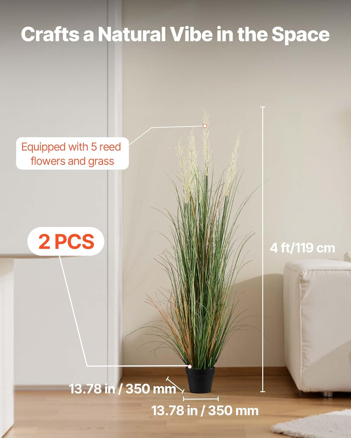 VEVOR Artificial Grass Plant, 2 Pack 47 inch Reed Flower Grass in Pot, Premium PVC Faux Fake Greenery Shrubs Plant for Indoor Outdoor House Home Garden Office Room Décor, Housewarming, Green