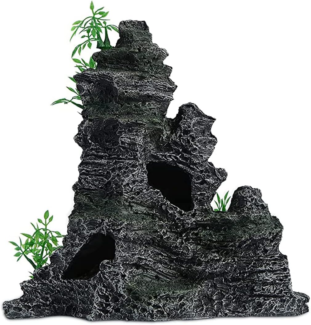 AnRui Aquarium Mountain View Rock Landscaping Decorations Fish Tank Resin Rock Hiding Cave Ornaments with Small Plant