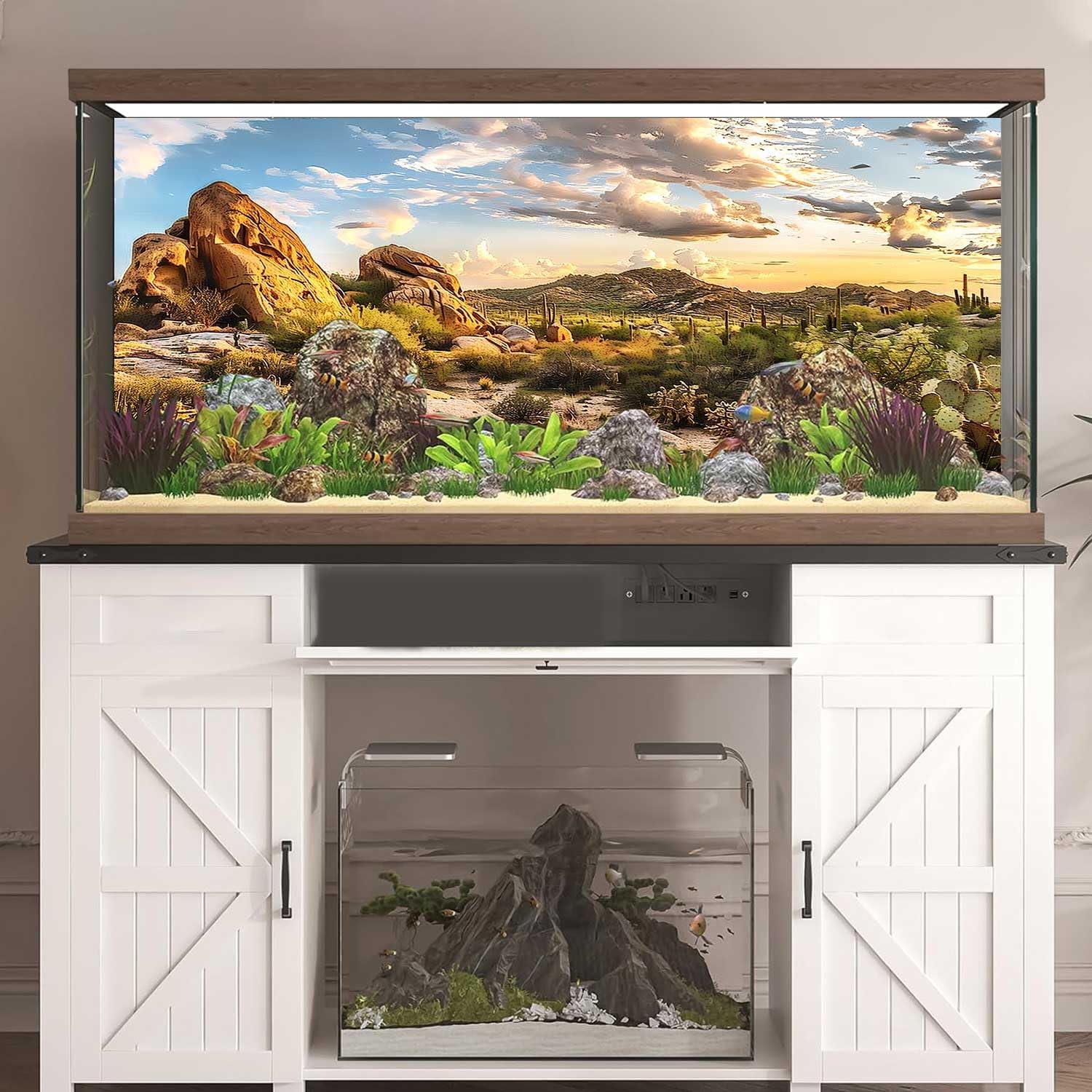 Reptile Habitat Background, Blue Sky Oasis Cactus Sun and Desert Terrarium Background with 6 EVA Double-Sided Tapes 48x24 inches/120x60