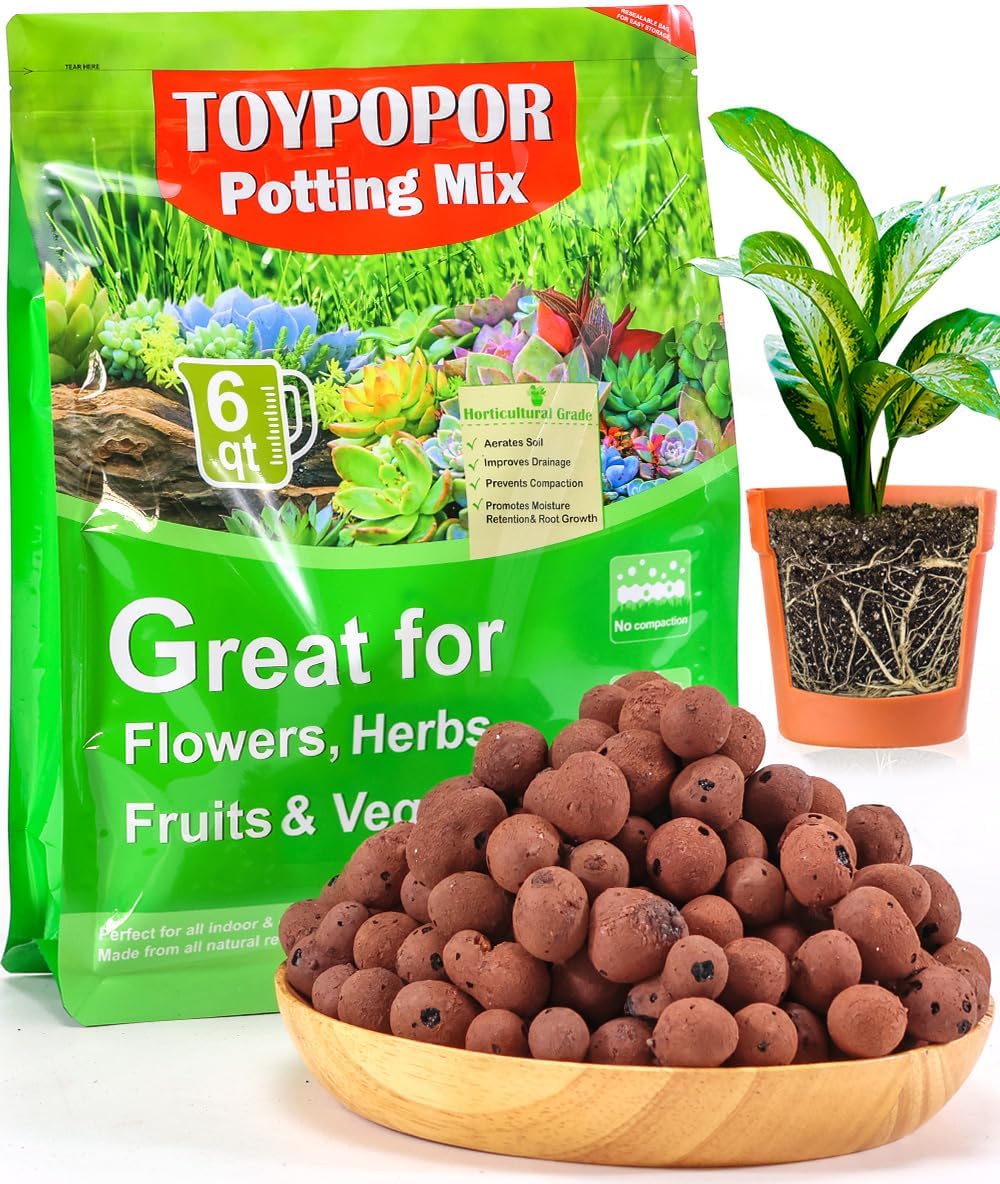 TOYPOPOR Leca Clay Pebbles for Plants, (6 Quarts) Leca Balls, Lightweight Clay Ball, Potting Mix, Grow Media Used for Drainage, Decoration, Aquaponics, Hydroponics and Other Gardening Essentials