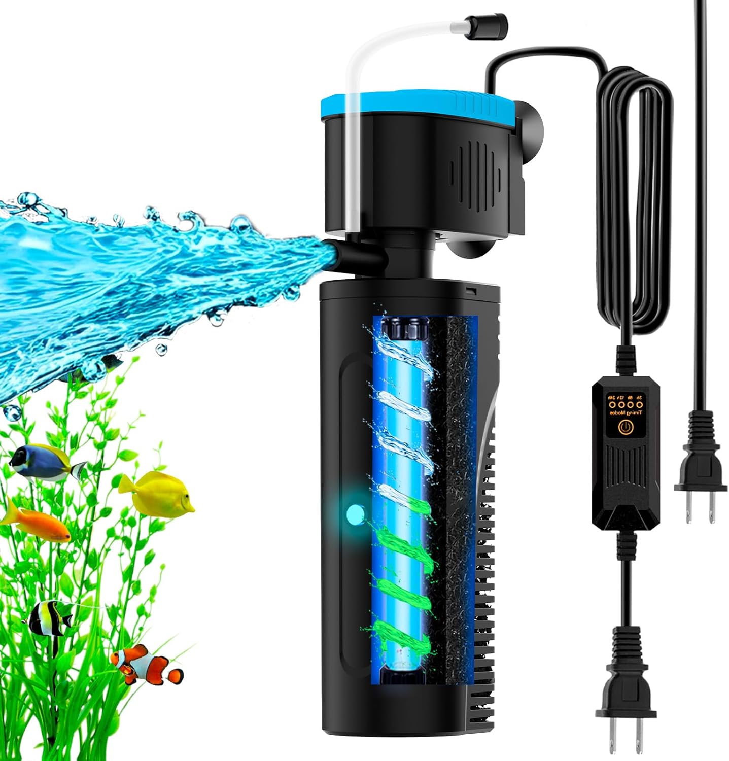 U - V Aquarium Filter with Timer (3/6/12/24 Hours) for Green Water Cleaning, Fish Tank Filter with Aeration & Rainfall Mode, Turtle Filter with Efficient Filter Sponge for Tanks 40-150 Gallon