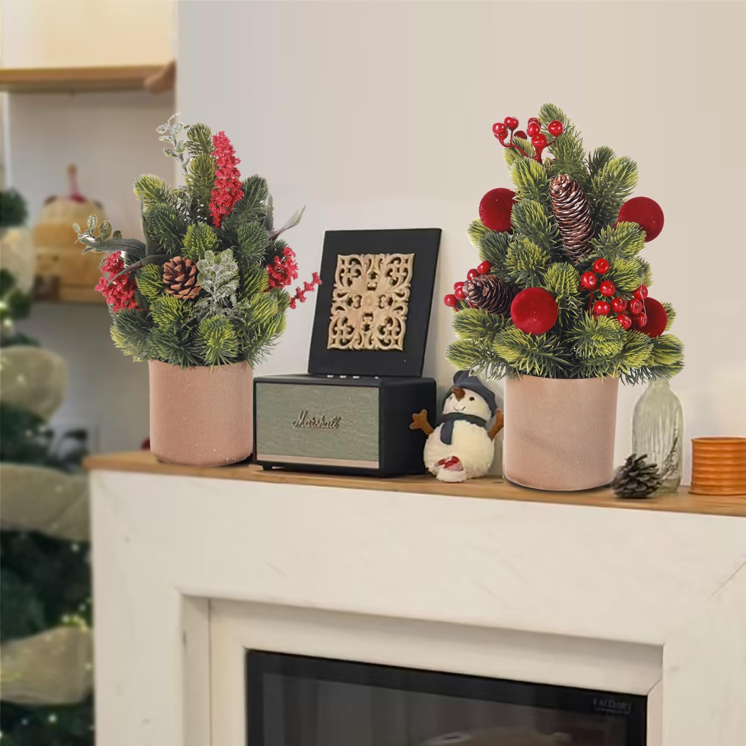 Mini Christmas Tree with Red Berries Balls Pine Cones in Brown Pot, 2 Pack Miniature Christmas Trees Xmas Table Decor Small Christmas Decorations for Bedroom Xmas Table Centerpieces