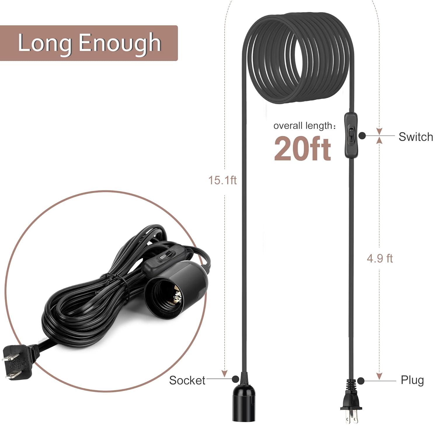 JACKYLED 1 Pack UL-Listed 20Ft Extension Hanging Lantern Cord Cable 360W with E26 E27 Socket On/Off Button Pendant Lighting(Black)
