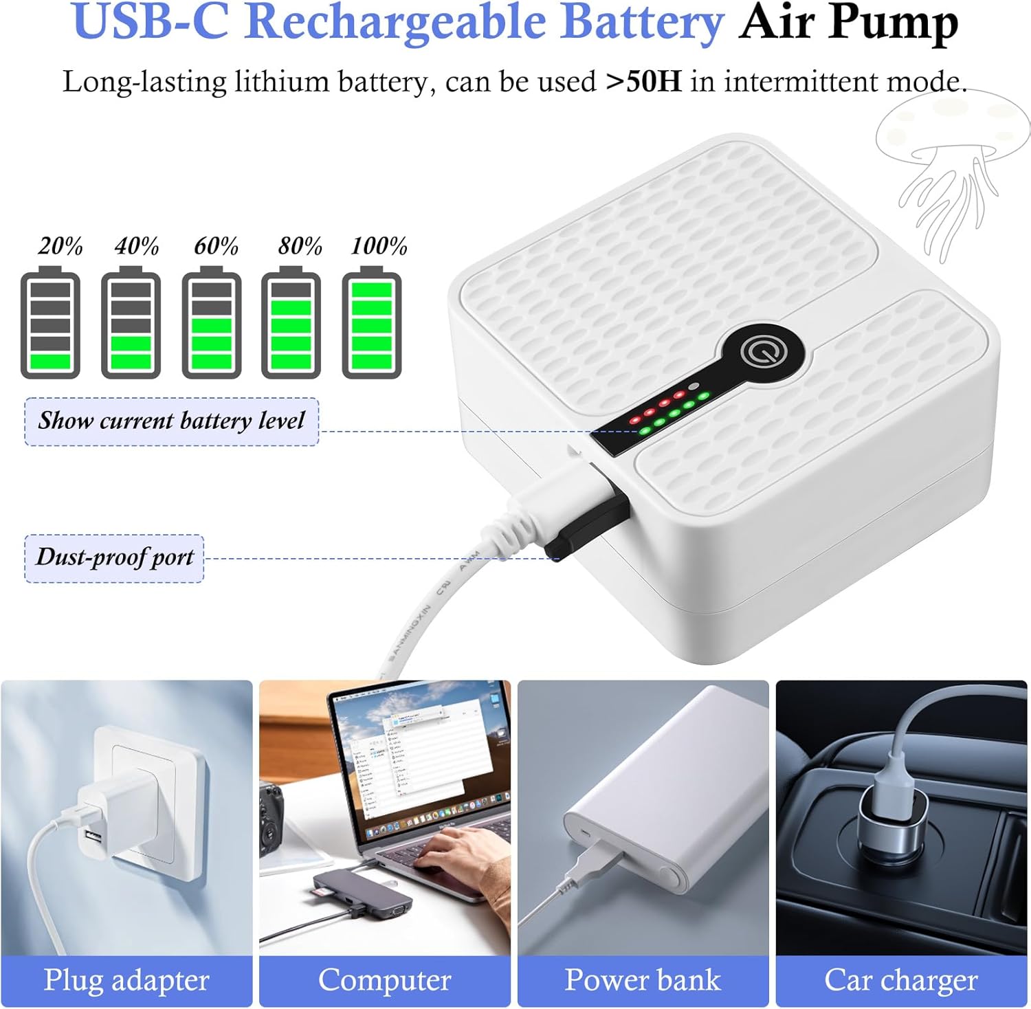 FEDOUR Battery Powered Aquarium Air Pump, Portable USB Rechargeable Oxygen Pump, Whisper Aerator Bubbler for up to 120Gal Fish Tanks, Outdoor Fishing, Aquatic Transport, Aquatic Markets