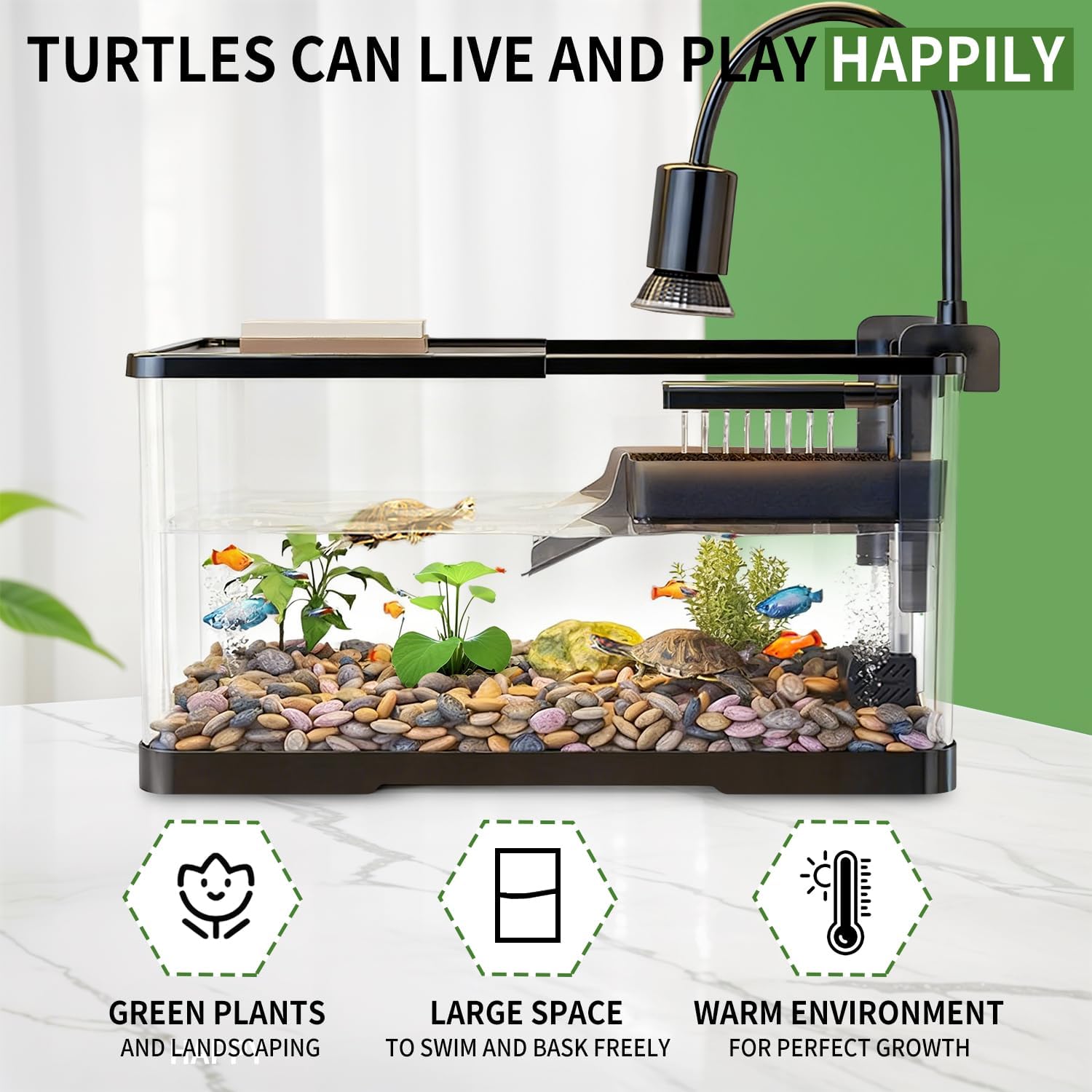 (Tank + Light +Pump + Filter Balls) Turtle Tank Kit, Turtle Tank Starter Kit,Bottom Drainage, Multi-Function Areas for Turtles, Crabs,Fishes, Amphibians,Reptiles. (15.75 x 8.64 x 8.64 Inch)
