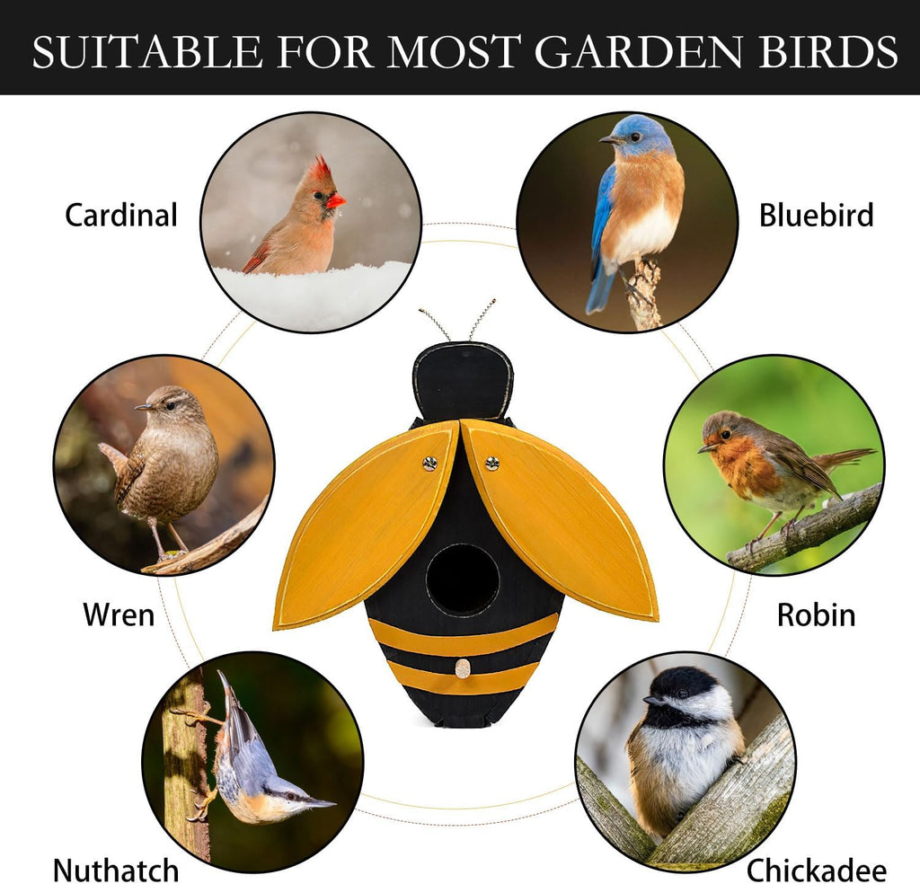 Bird Houses for Outside, Bee-Shaped Birdhouse Attracts Wild Birds (Bluebirds, Finches, Cardinals), Durable Wood Bird House with 4 cm Entrance Hole,Unique Garden Decor,Weather-Resistant