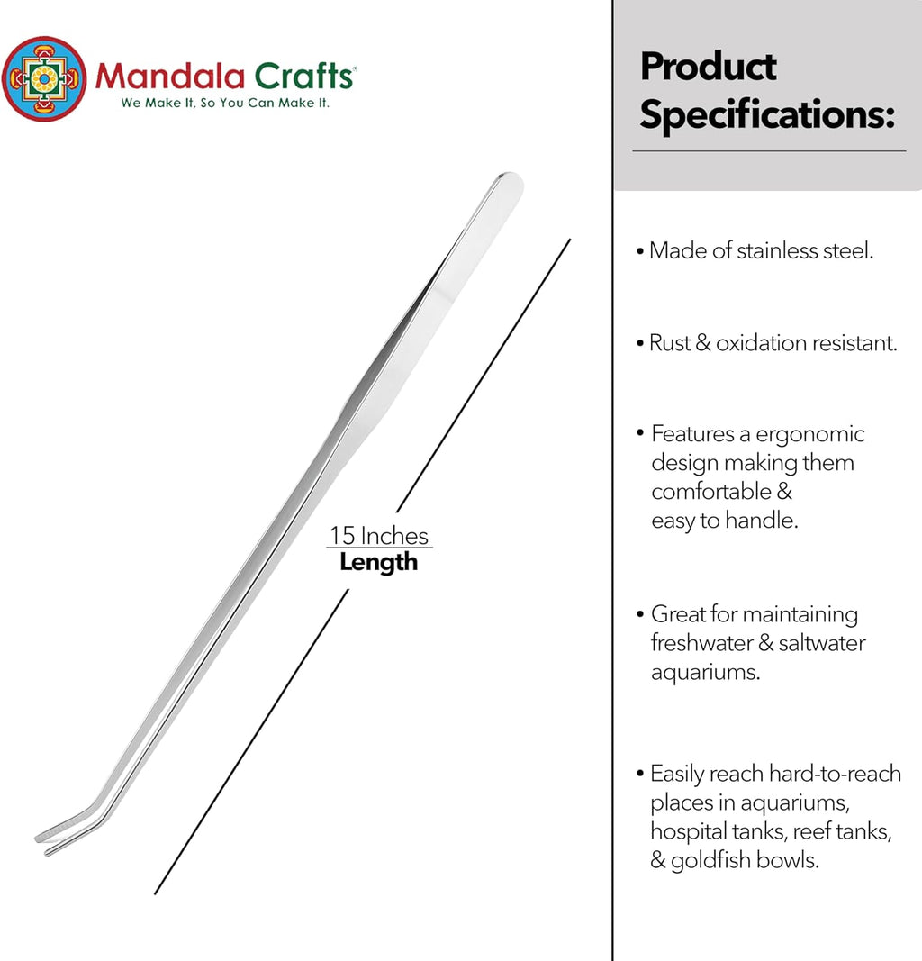 Mandala Crafts 15 Inches Silver Stainless Steel Curved Aquarium Tweezers for Aquatic Plants – Long Aquascape Forceps for Fish Tanks, Hospital Tanks, Goldfish Bowls, and Terrariums