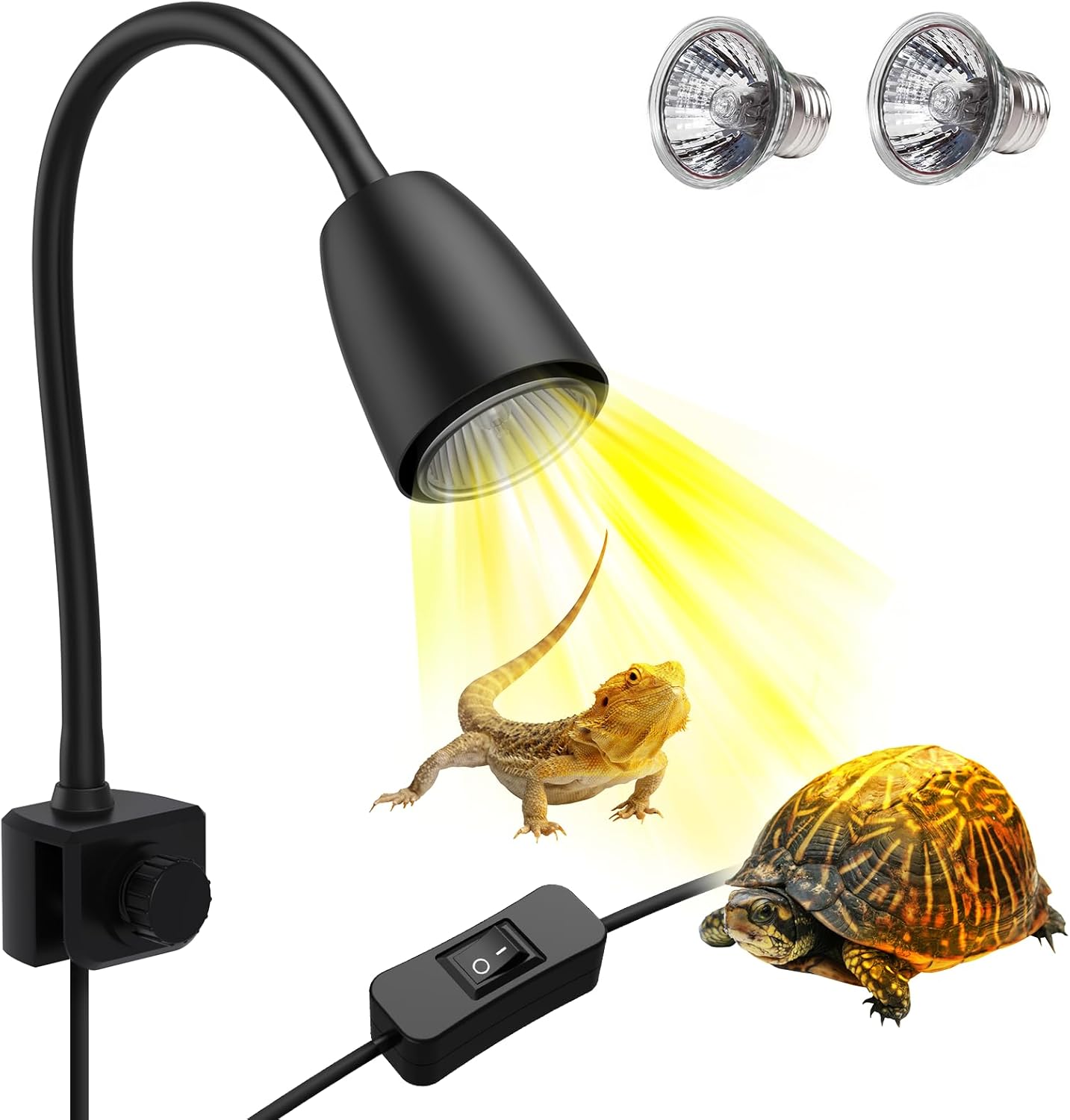 Upgrade Reptile Heat Lamp, 360° Rotatable Light Lamp with 2pcs Longlasting Basking Bulbs (25W + 50W), Suitable for Turtle, Bearded Dragon, Reptiles, Snake, Lizard (Black)
