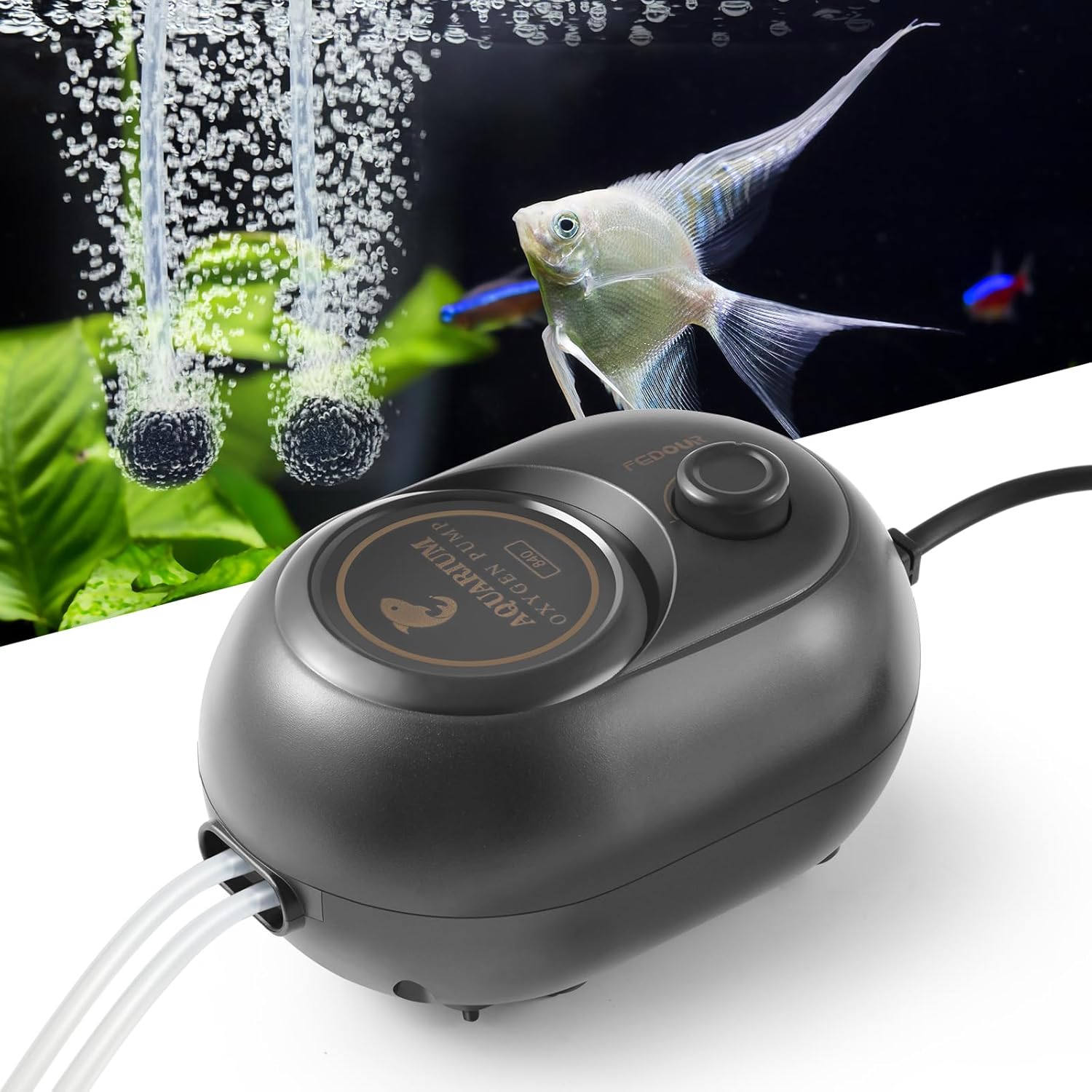 FEDOUR 2.5W 4W 6W Aquarium Air Pump, Powerful Adjustable Fish Tank Oxygen Pump for up to 300Gallon Fish and Turtle Tank, Quiet Aquarium Air Bubbler (2.5W for up to 100gallon)