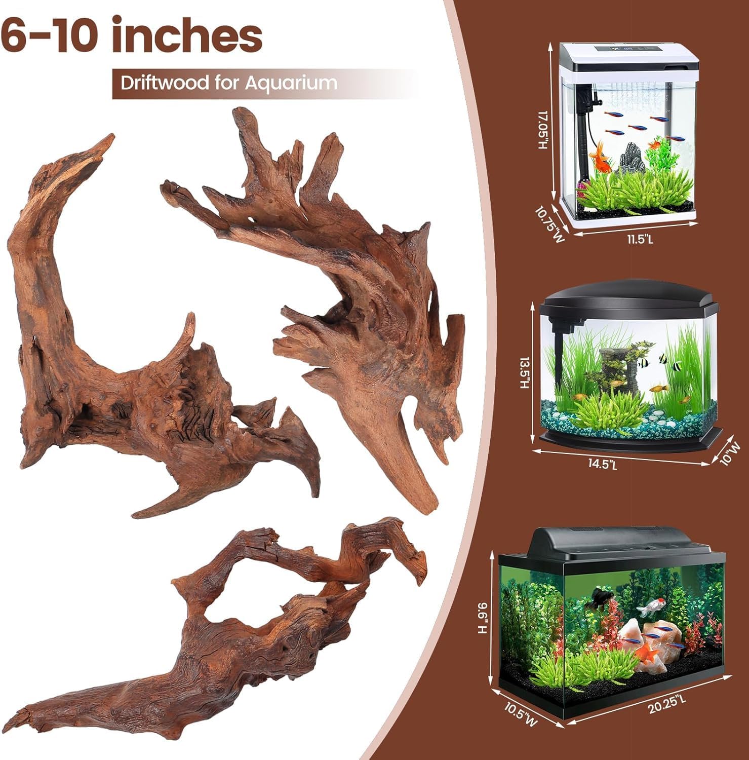 3-Piece 6-10 inch Natural Aquarium Driftwood Decorations - Aquascape Decor for Fish Tanks, Betta Hideouts, Reptile Enclosures & Plant Attachment
