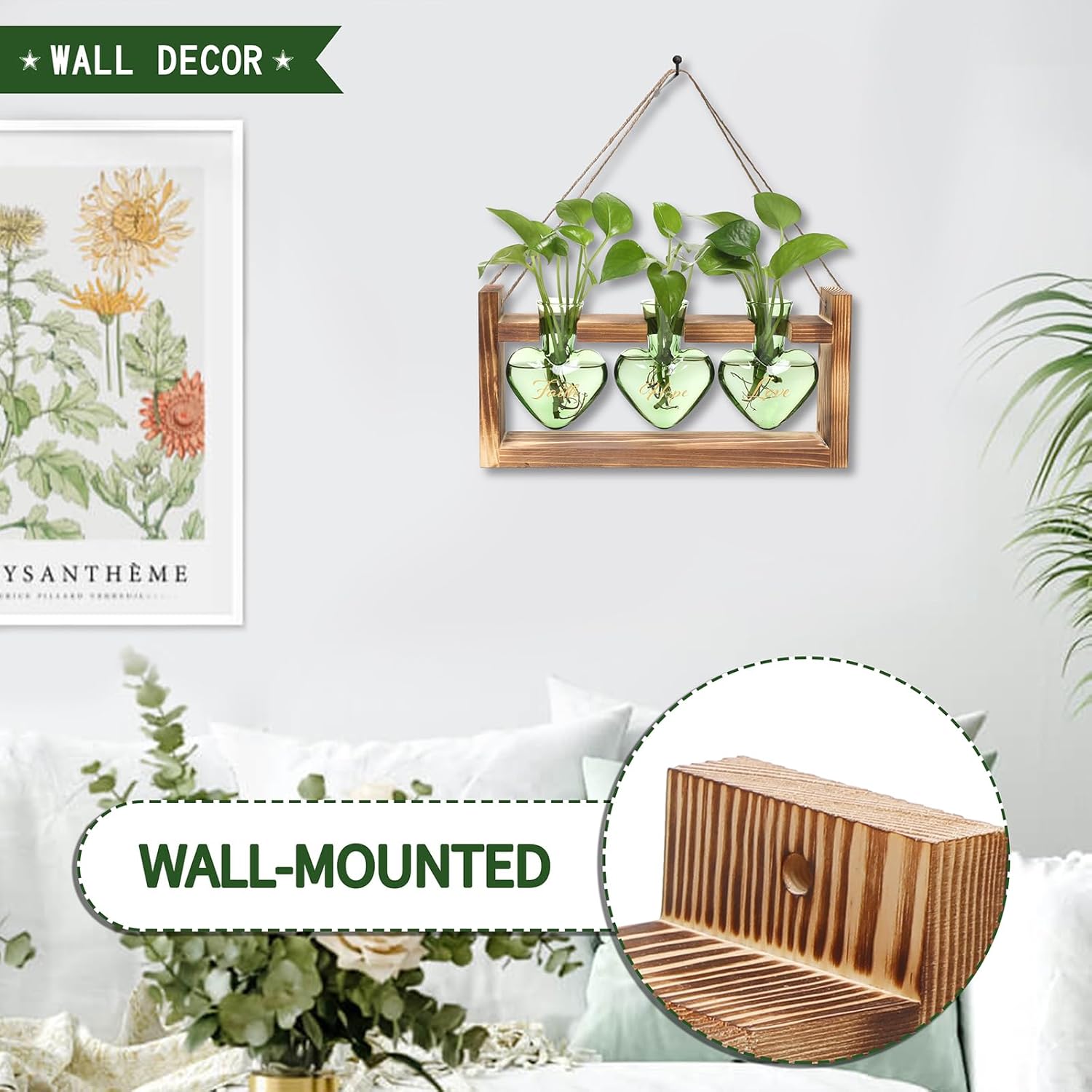 Plant Terrarium Propagation Stations Faith Hope Love Hydroponics Home Garden Decoration Gift for Women with Wooden Stand Heart Shaped Colored Glass Vase