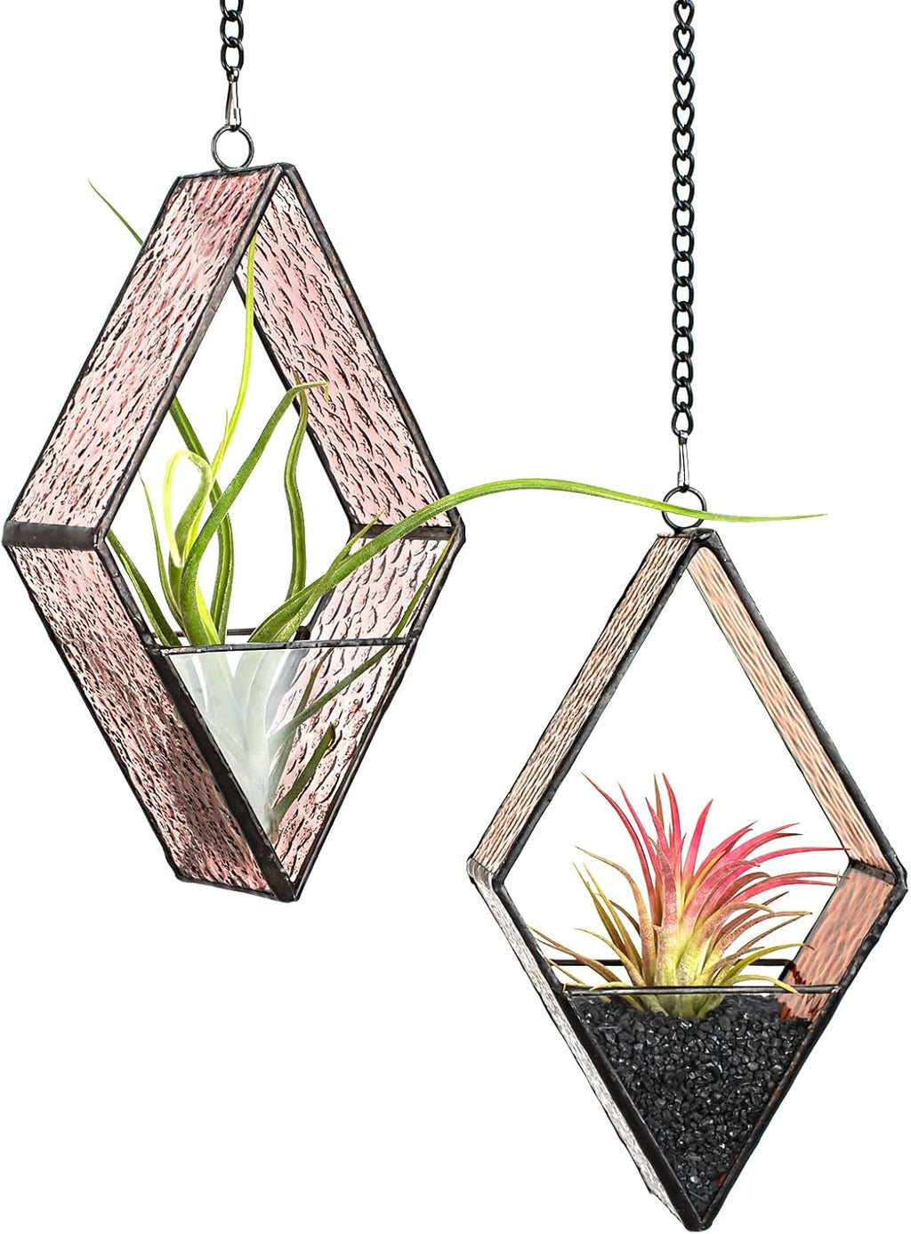 Stained Glass Hanging Plant Terrariums, 2 Packs Geometric Window Planters with Chain for Windowsill Decor Small Succulent Tillandsia Glass Terrarium Minimalist Air Plant Holders