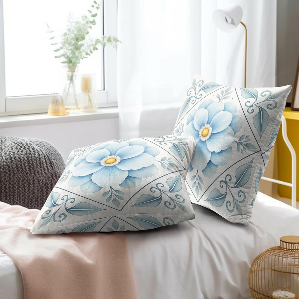 Artisan Blue and White Floral Throw Pillow Covers Set of 2 Ultra-Soft All-Season Pillow Shams with Hidden Zipper,Durable for Sofa Bed Car Decor & Gift 18x18IN