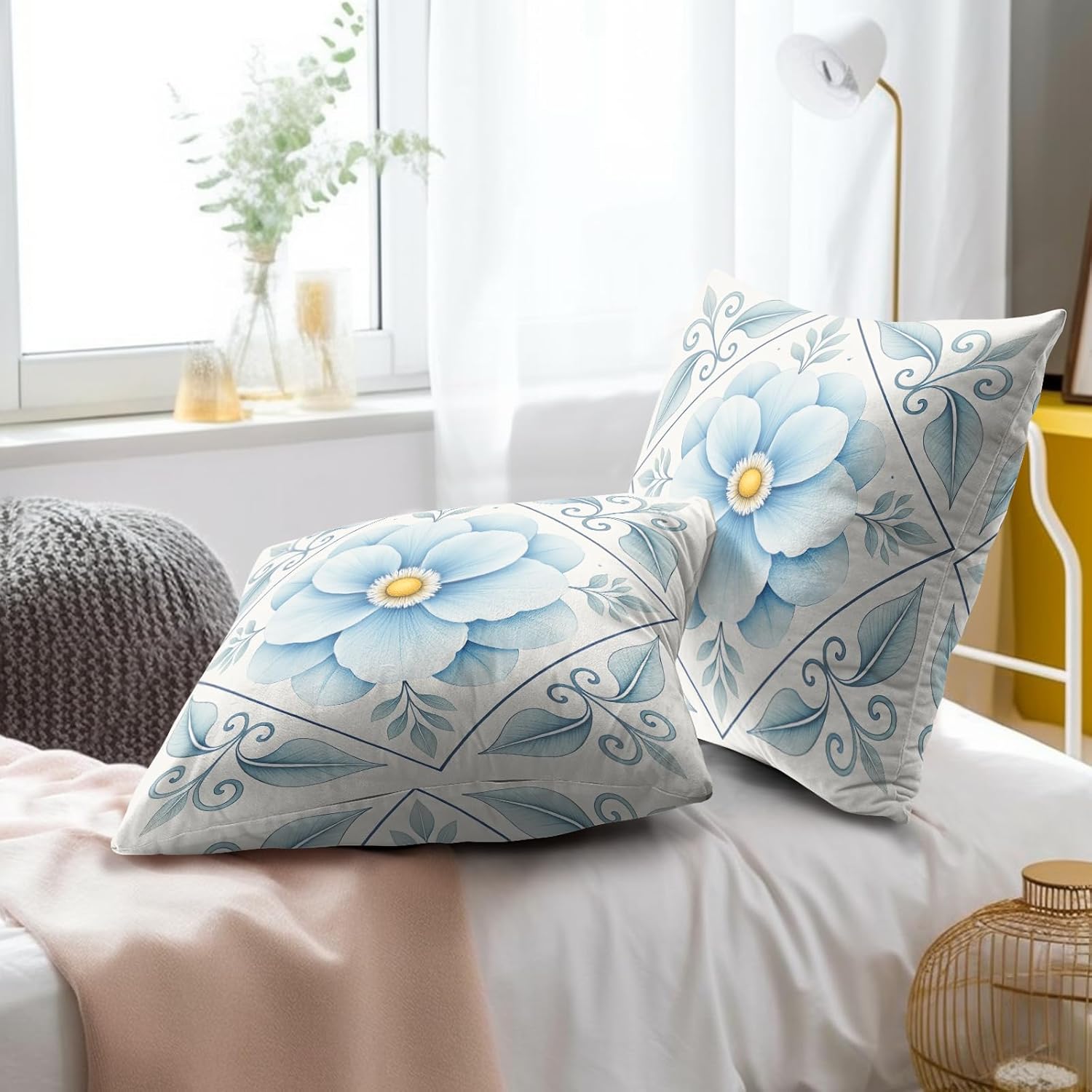 Artisan Blue and White Floral Throw Pillow Covers Set of 2 Ultra-Soft All-Season Pillow Shams with Hidden Zipper,Durable for Sofa Bed Car Decor & Gift 18x18IN