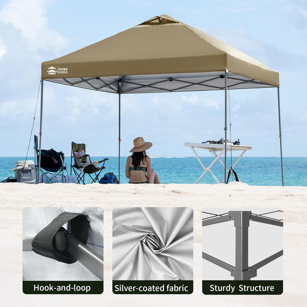CROWN SHADES Adjustable Height on The Fly, 10x10 Pop Up Canopy - Beach Tent with One Push Setup - Easy Outdoor Sun Shade for Events, Parties, Camping - Outside Shade with STO-N-Go Bag, Khaki