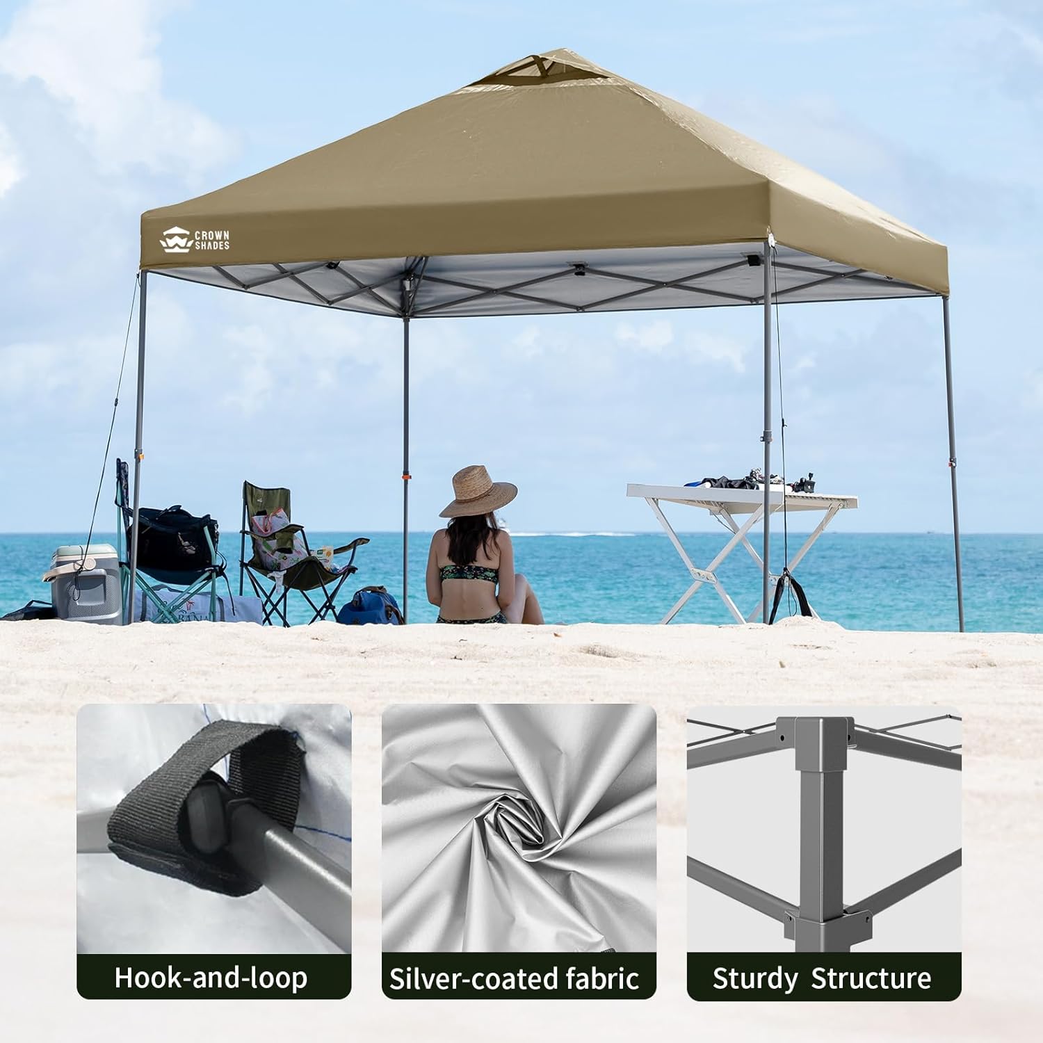 CROWN SHADES Adjustable Height on The Fly, 10x10 Pop Up Canopy - Beach Tent with One Push Setup - Easy Outdoor Sun Shade for Events, Parties, Camping - Outside Shade with STO-N-Go Bag, Khaki