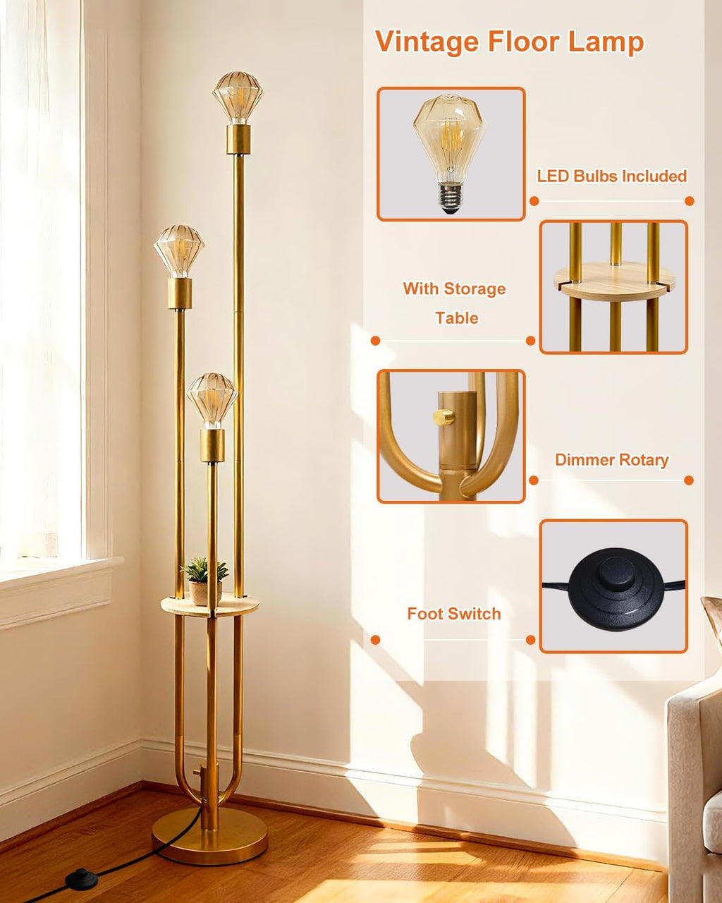 Lightdot Gold Floor Lamp for Living Room, Dimmable Vintage Floor Lamp with Shelf & E26 Base Bulbs, 3 Light 3000K Warmwhite Mid Century Standing Lamp for Reading, Tall Lamp for Bedroom Office