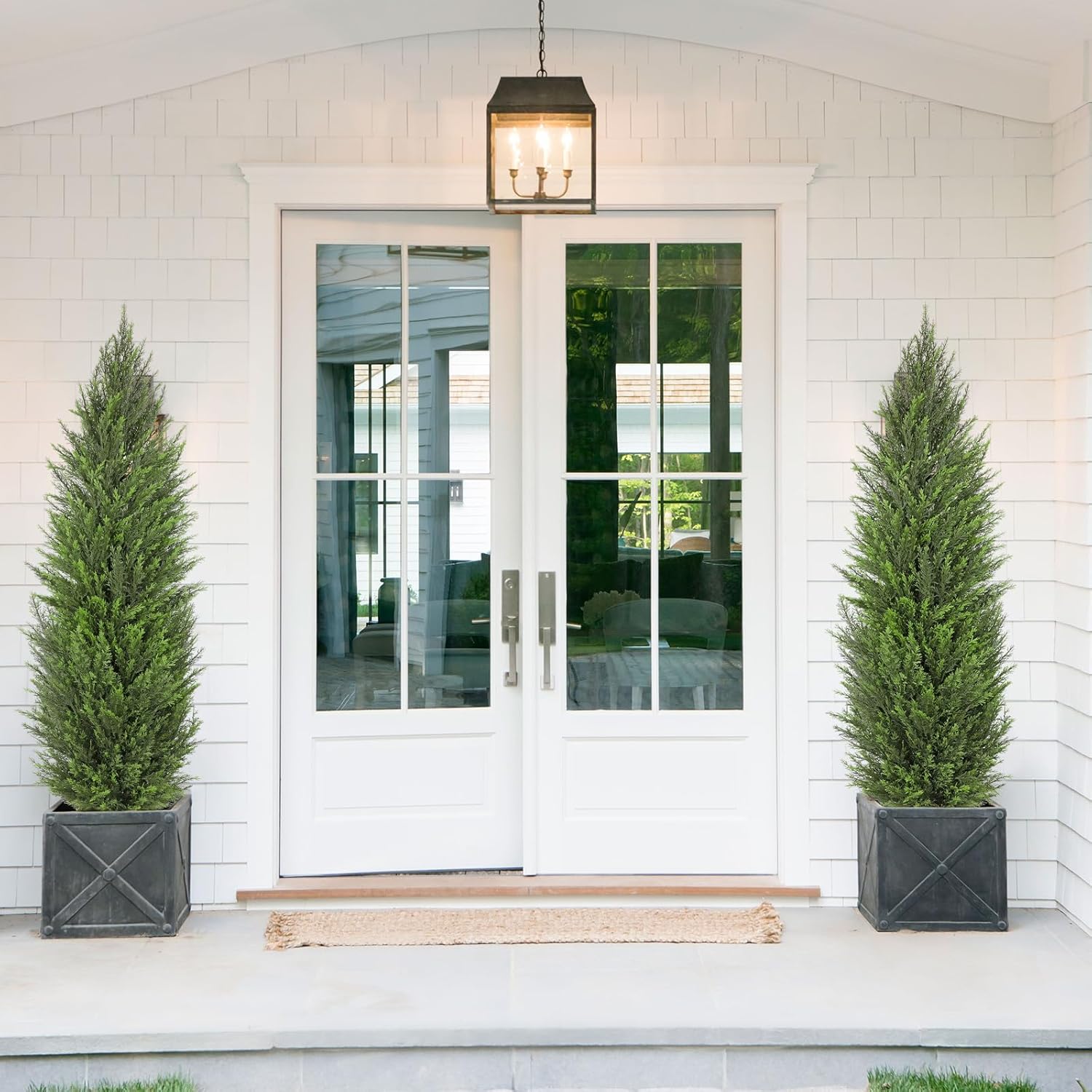 Briful 2PCS 5ft Artificial Cedar Topiary Trees in White Planter – Tall Faux Evergreen Potted Plants, Indoor Outdoor Fake Cypress Shrubs, Lifelike Fake Trees for Home, Office, Patio, Porch, Entryway