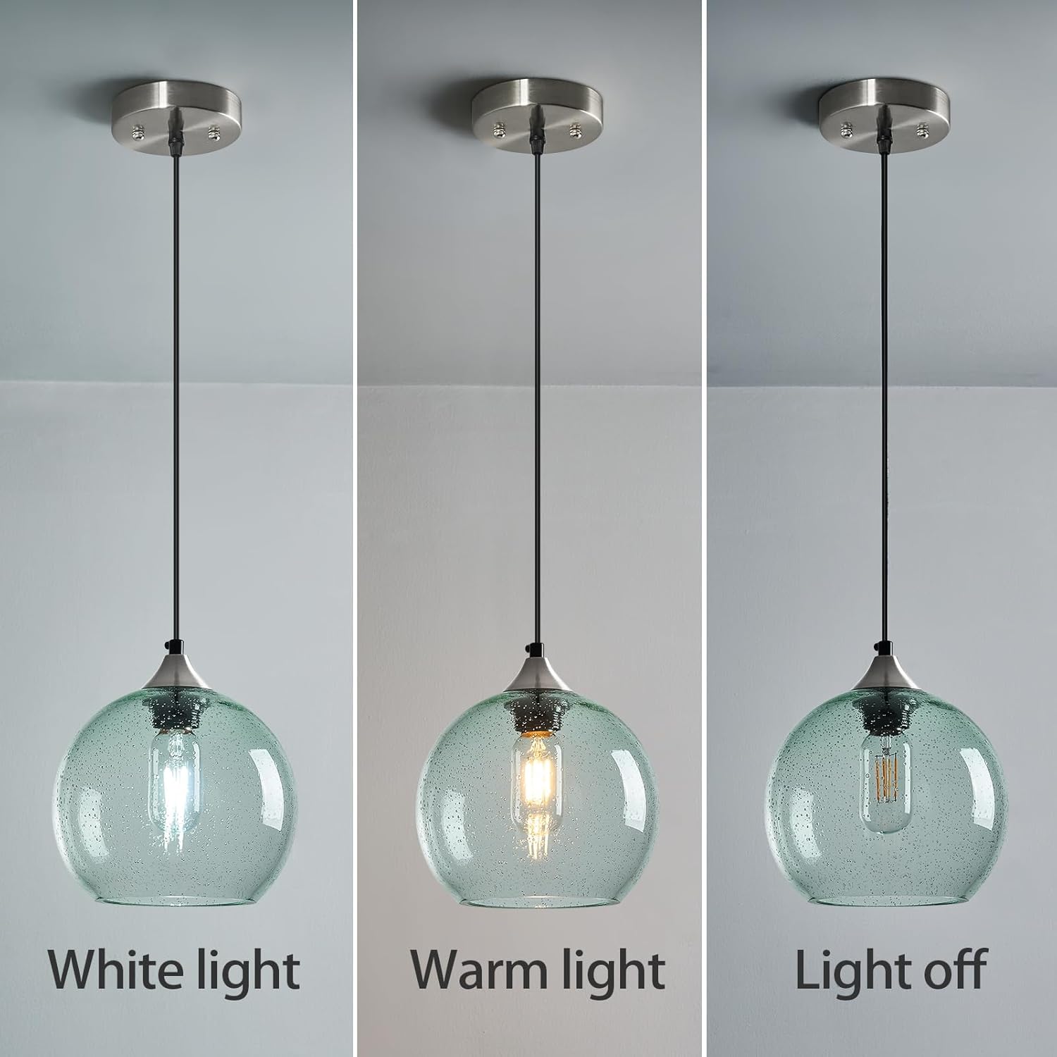 Light Green Glass Pendant Lights Kitchen Island Lighting Globe Pendant Light Fixtures Modern Pendant Lighting for Bedroom Living Dining Room Light Fixture (7.87 in, 3 Pack)