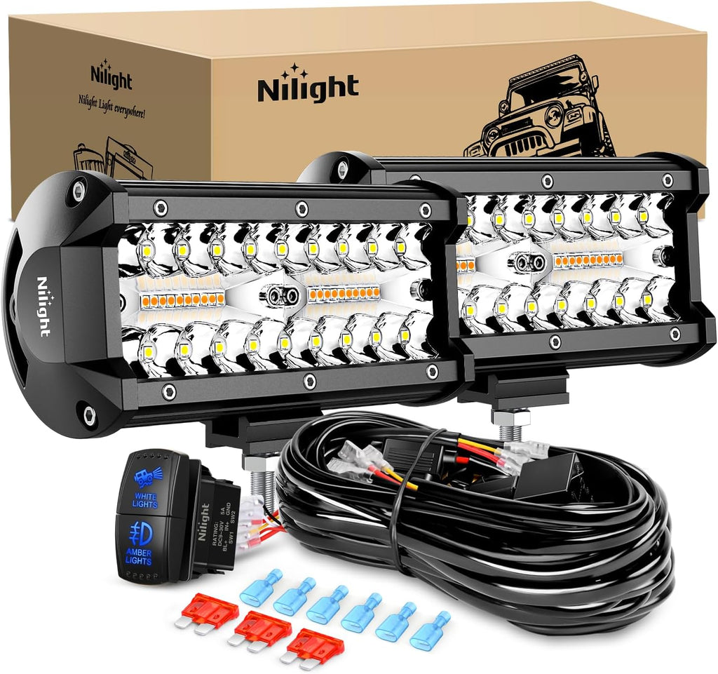 Nilight 6.5Inch Off-Road LED Light Bar, 2PCS 120W 3 Lighting Modes (White/Amber/White&Amber) Driving Fog Light Spot Flood Lights with 18AWG Wiring Harness for Truck Car ATV SUV Jeep Boat
