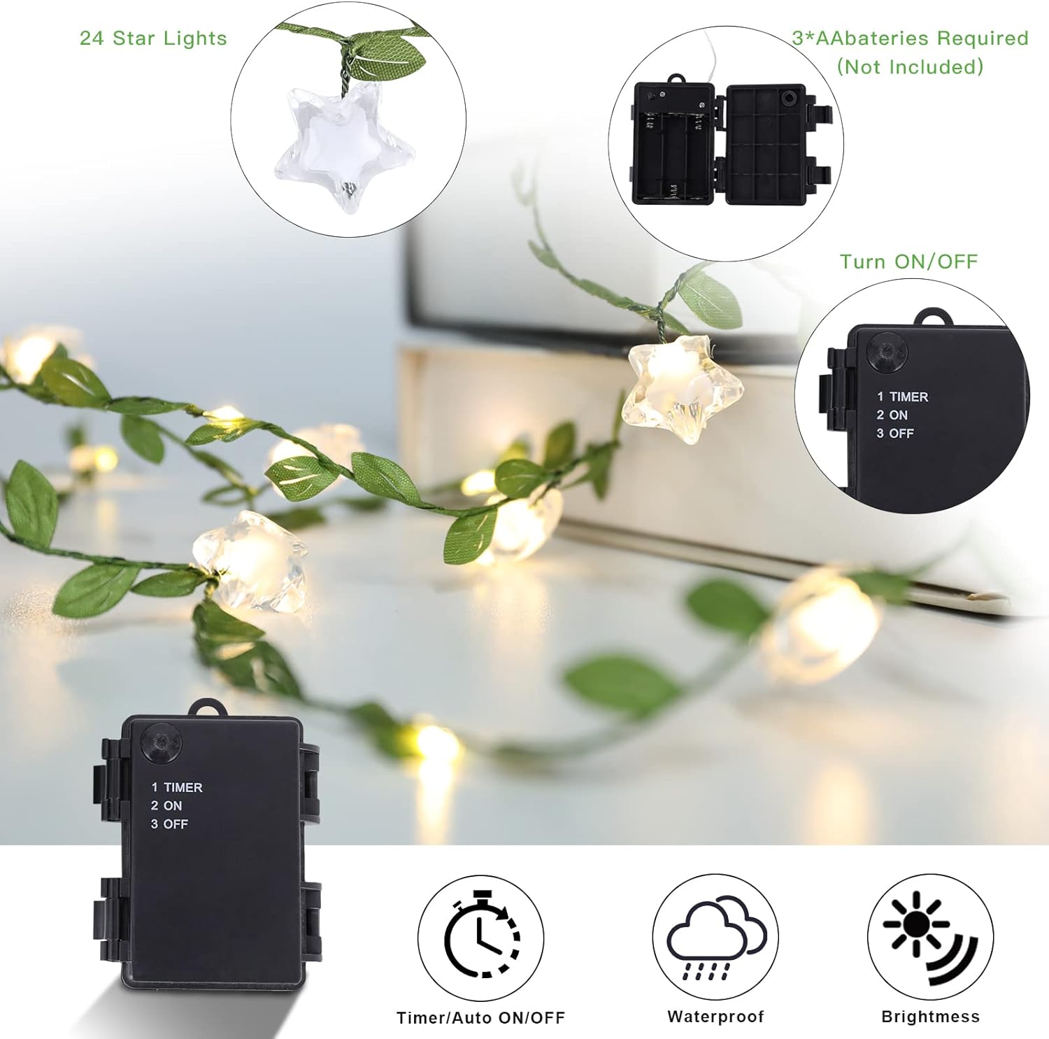 Vigdur 2 Packs Vine String Lights - Tiny Leaf Ivy String Lights with 48 Star Lights Battery Powered Waterproof Fairy Light Indoor Outdoor for Bedroom Party Garden Wall Décor St. Patrick's Day