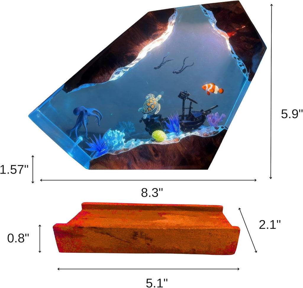 Ocean Resin Lamp – Marine Life Night Light with 16 Color LED, USB Powered Whale Shark & Turtle Desk Lamp with Wooden Base & Remote,Handmade Gift for Christmas, New Year