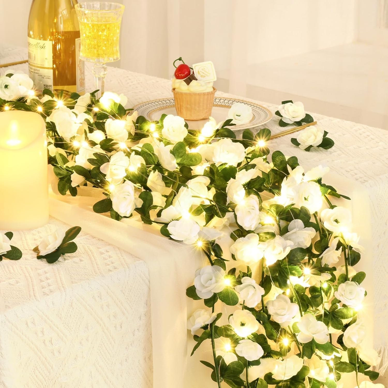BLEUM CADE 5Pcs 41Ft Flower Garland Artificial Rose Vines with 32.8Ft String Lights, Cute Fake Hanging Flower Vines Floral Garland Decorations for Wedding Party Wall Room Decor Aesthetic