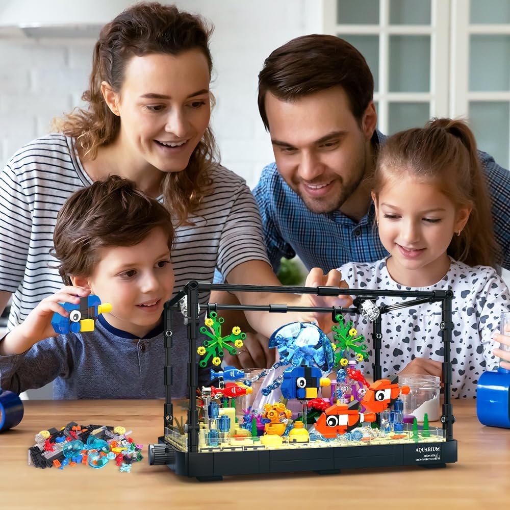 HOGOKIDS Fish Tank Building Set with LED Light - Movable Aquarium Building Toys for Adults Kids | 725PCS Creative Aquarium Toy with Jellyfish, Fish Animal Educational Gift for Boys Girls Age 8-14