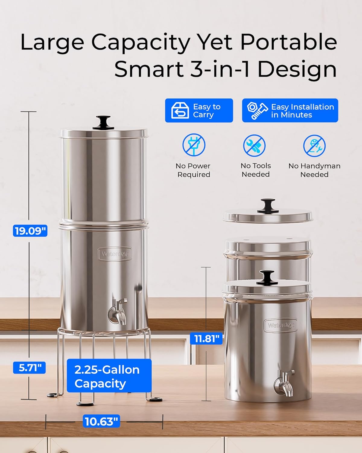 Waterdrop Gravity-fed Water Filter System, Reduces Lead and up to 99% of Chlorine, NSF/ANSI 42&372 Standard, with 2 Black Carbon Filters and Metal Spigot, King Tank Series