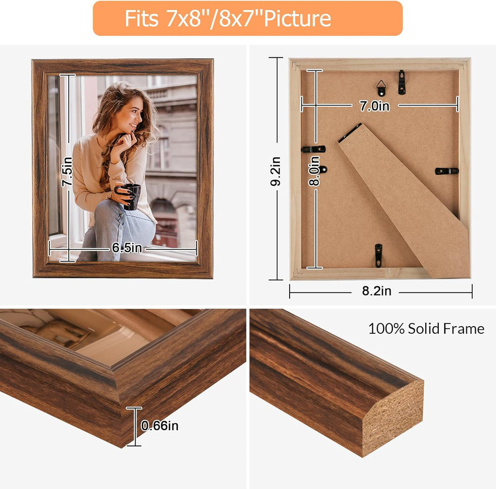 7x8 Wood Frame Brown, Natural Wooden 8x7in Picture Frames, Modern Golden 7 x 8inch Gallery Photo Pic Frame with HD Plexiglass, Horizontal Vertical Wall Mounting Tabletop Display 1Pcs