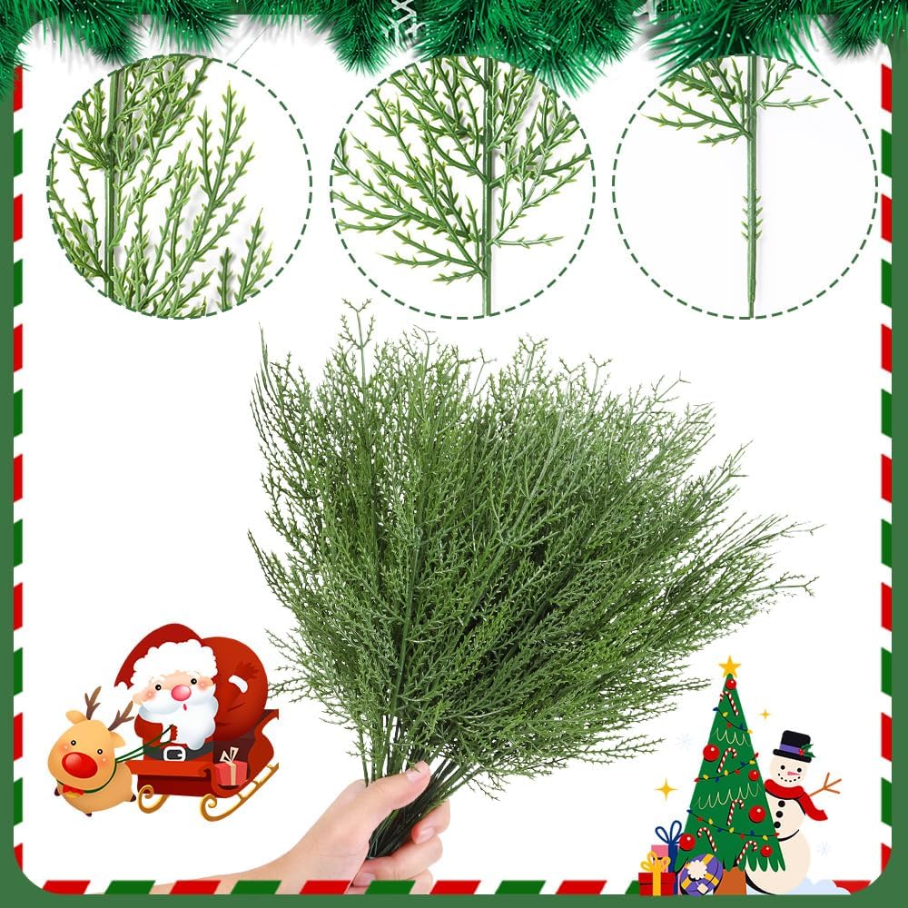 50 PCS Artificial Pine Branches Christmas Faux Pine Greenery Stems Fake Cedar Pine Needles Picks for Christmas Tree Wreath Garland DIY Crafts Holiday Home Decoration