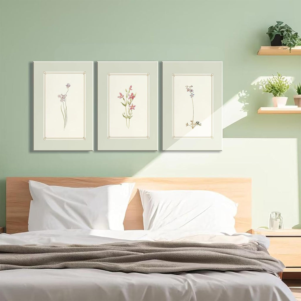 3pcs Framed Simple Vintage Floral Botanical Flower Wall Art Decor Canvas Print Natural Plant Artwork Wall Painting Poster Gallery Bedroom Living Room Office Decor 12x16 Inch Ready to Hang