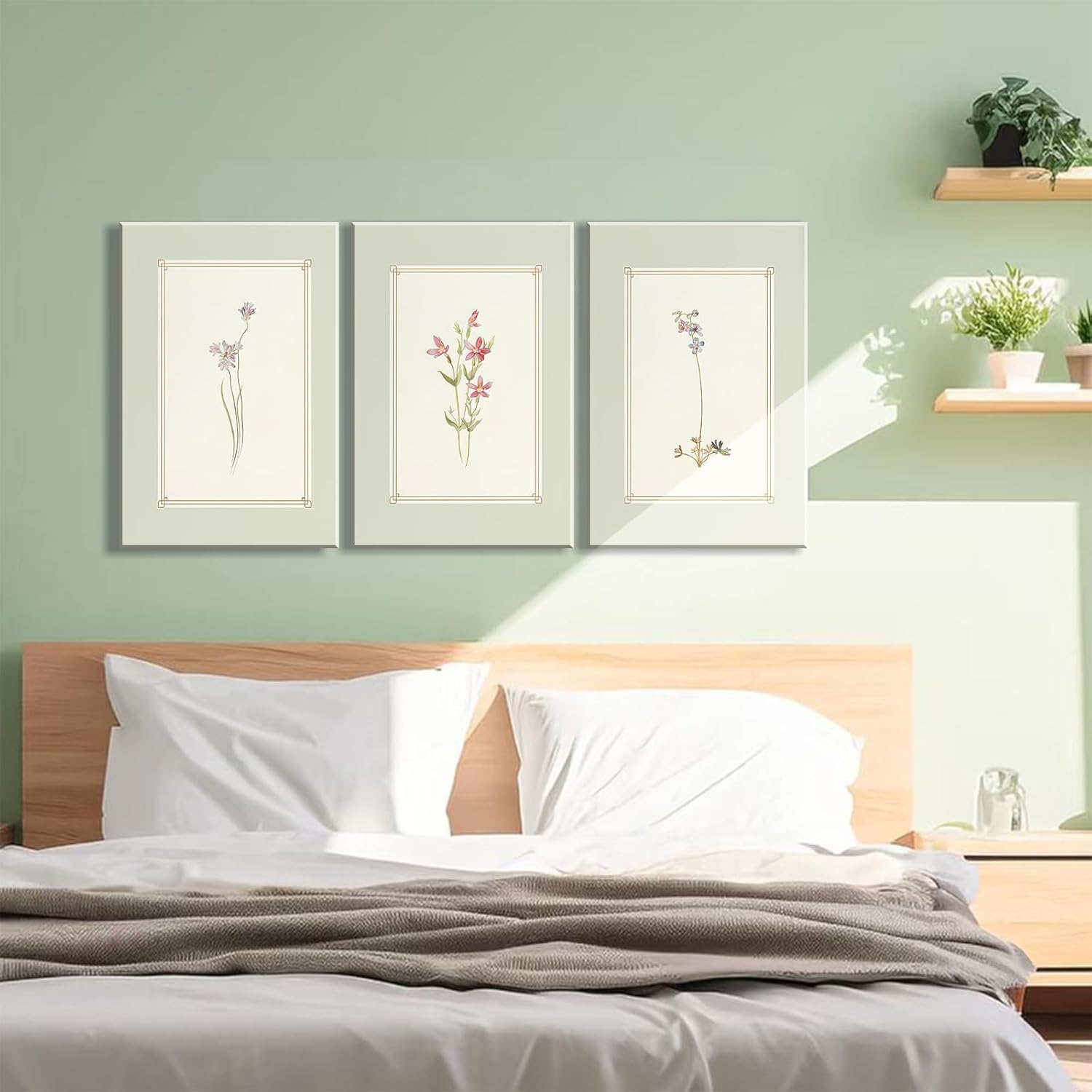 3pcs Framed Simple Vintage Floral Botanical Flower Wall Art Decor Canvas Print Natural Plant Artwork Wall Painting Poster Gallery Bedroom Living Room Office Decor 12x16 Inch Ready to Hang