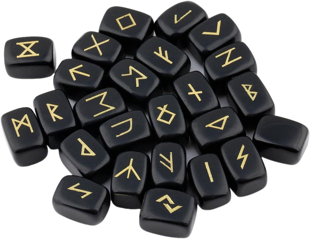 rockcloud Black Obsidian Rune Stones Tumbled Engraved Lettering Crystal Set for Wicca Crystals Healing Chakra Reiki