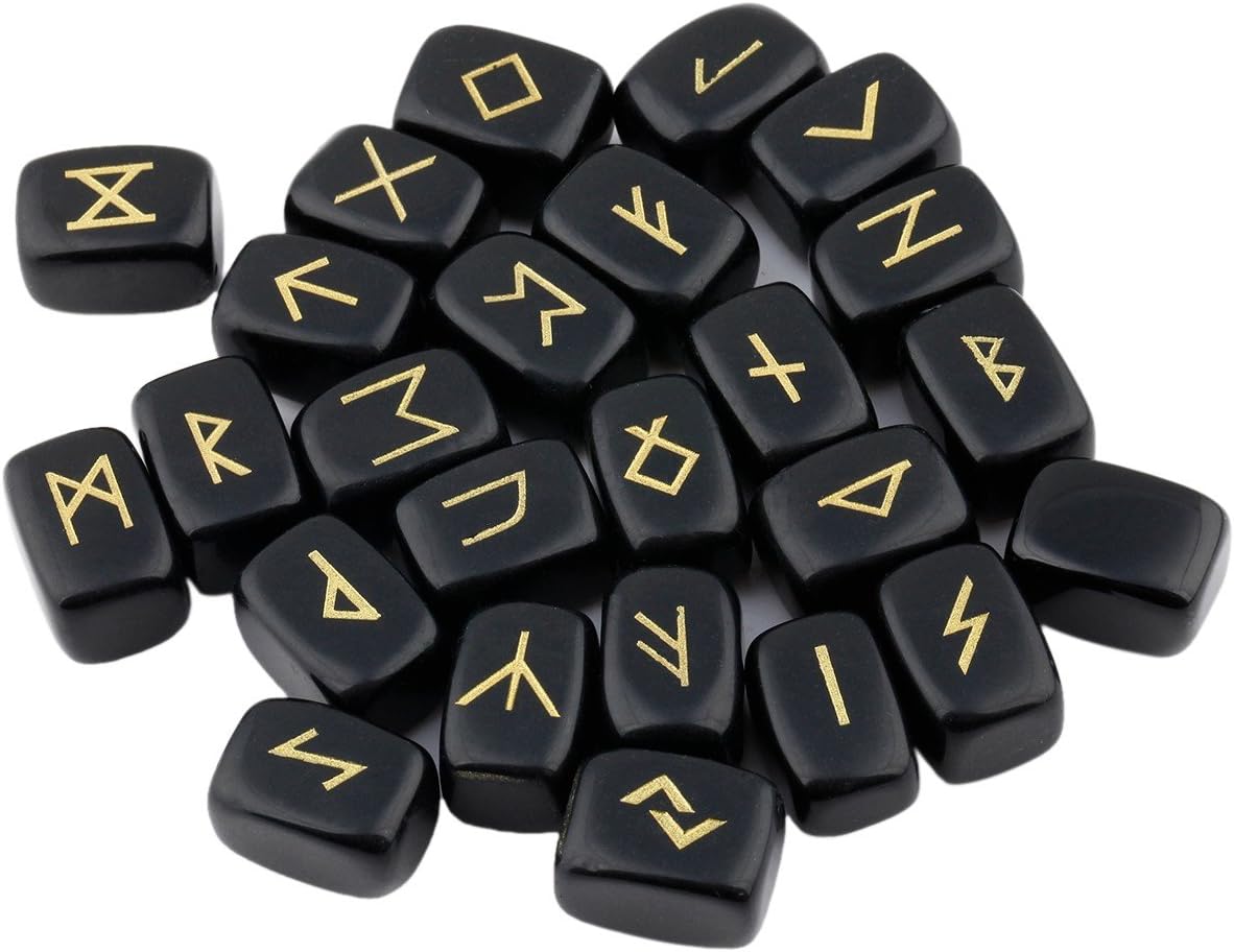 rockcloud Black Obsidian Rune Stones Tumbled Engraved Lettering Crystal Set for Wicca Crystals Healing Chakra Reiki