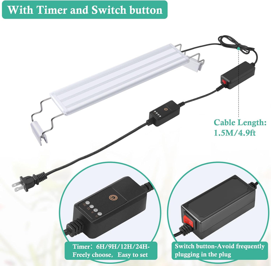 HITOP Full Spectrum LED Aquarium Light – 12” 16” 24” 32” Classic Fish Tank Light with RGB LEDs, with Timer and Stable Extendable Brackets (12-20in)