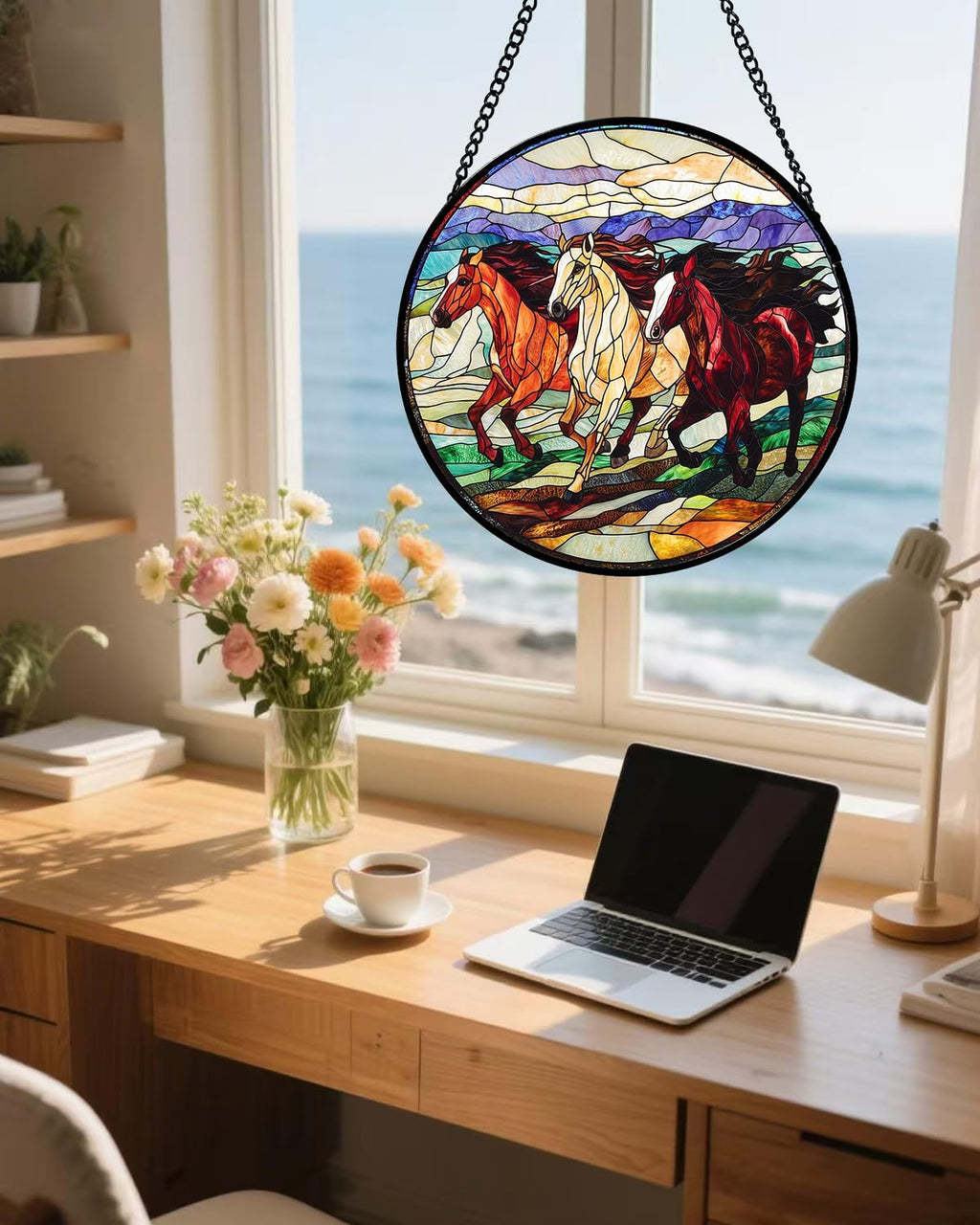 Stained Glass Window Hanging, Galloping Horses Sun Catcher for Door Home Decor Colorful Suncatcher Christmas Mother's Day Birthday Gifts for Women Men Mom and Nana 15 in