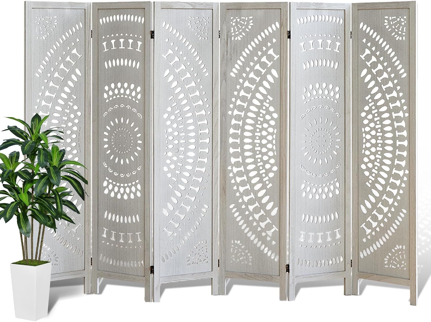 6 Panel Room Divider, Wood Carved Room Divider and Privacy Screen, Folding Room Partition Screen for Room Separation Home Bedroom Office Restaurant Portable Freestanding (Retro White)