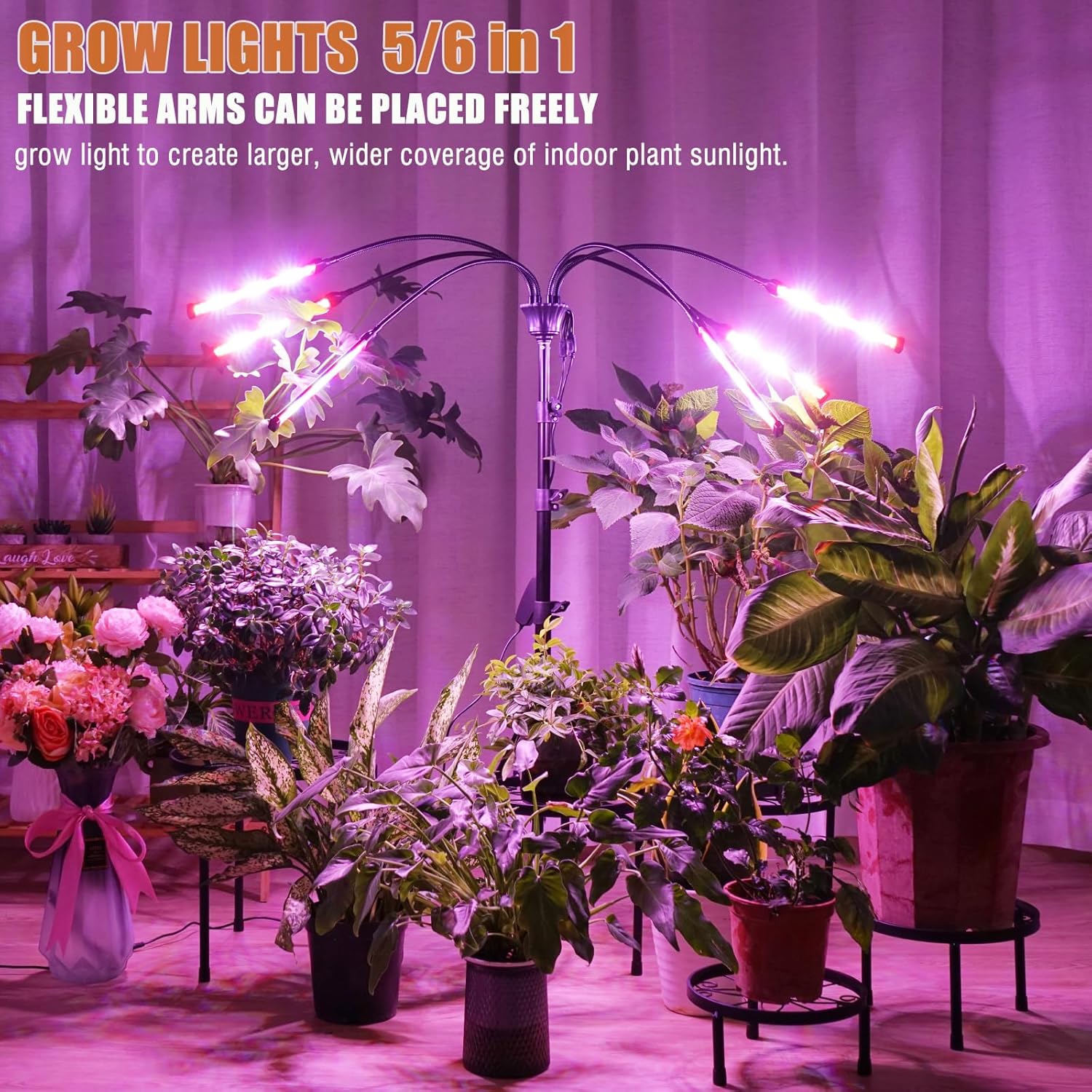 Grow Lights for Indoor Plants Full Spectrum with Stand and Timer, 6 Heads LED Plant Lights for Indoor Growing, Standing Floor House Plant Lamp for Seed Starting. (Red+Blue+White)
