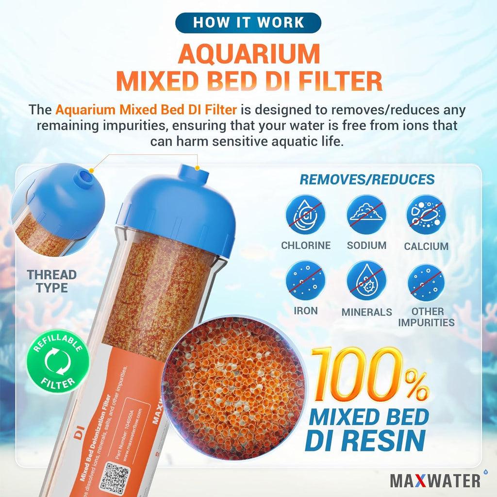 Max Water 6 Stage Reverse Osmosis Dual RODI Water Filter Replacement Kit for Aquarium -1 Micron Polypropylene Sediment, GAC, CTO Carbon, 2X Mixed Bed DI & 100 GPD RO Membrane