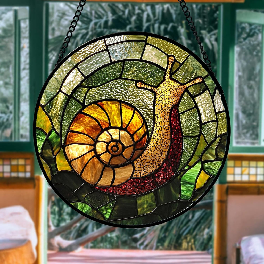 Stained Glass Window Hanging, Green Orange Snail Sun Catcher for Door Home Decor Suncatcher Christmas Mother's Day Birthday Gifts for Women Men Mom and Nana 11.8 in