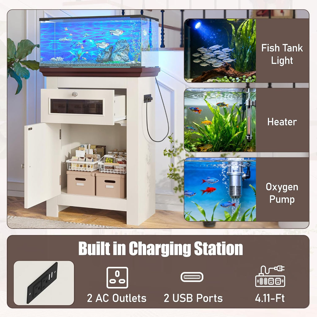 10-15 Gallon Aquarium Stand With Power Outlets, Farmhouse Fish Tank Stand, Reptile and Terrarium Stand with Drawer and Cabinet Storage, Sturdy Heavy Duty 20.4" 12",White