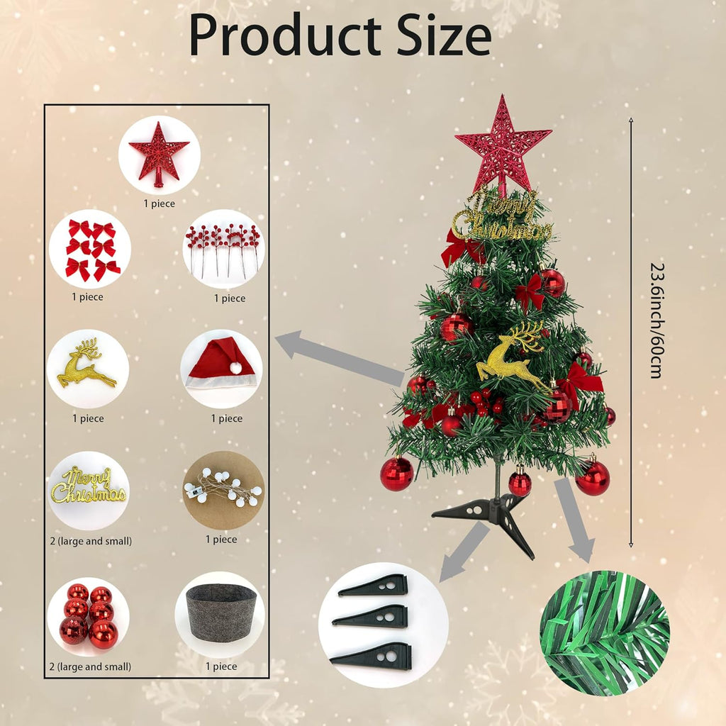 Tree Company Pre-lit Artificial Mini Christmas Tree - Red Star, Small White LED Lights, White Tipped Cones, Glitter Branches Pine Cones and Cloth Bag Base - Glittery Bristle Pine - 24 inch